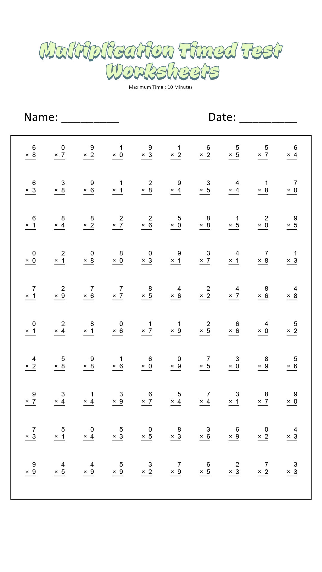 Multiplication Timed Test Worksheets Image