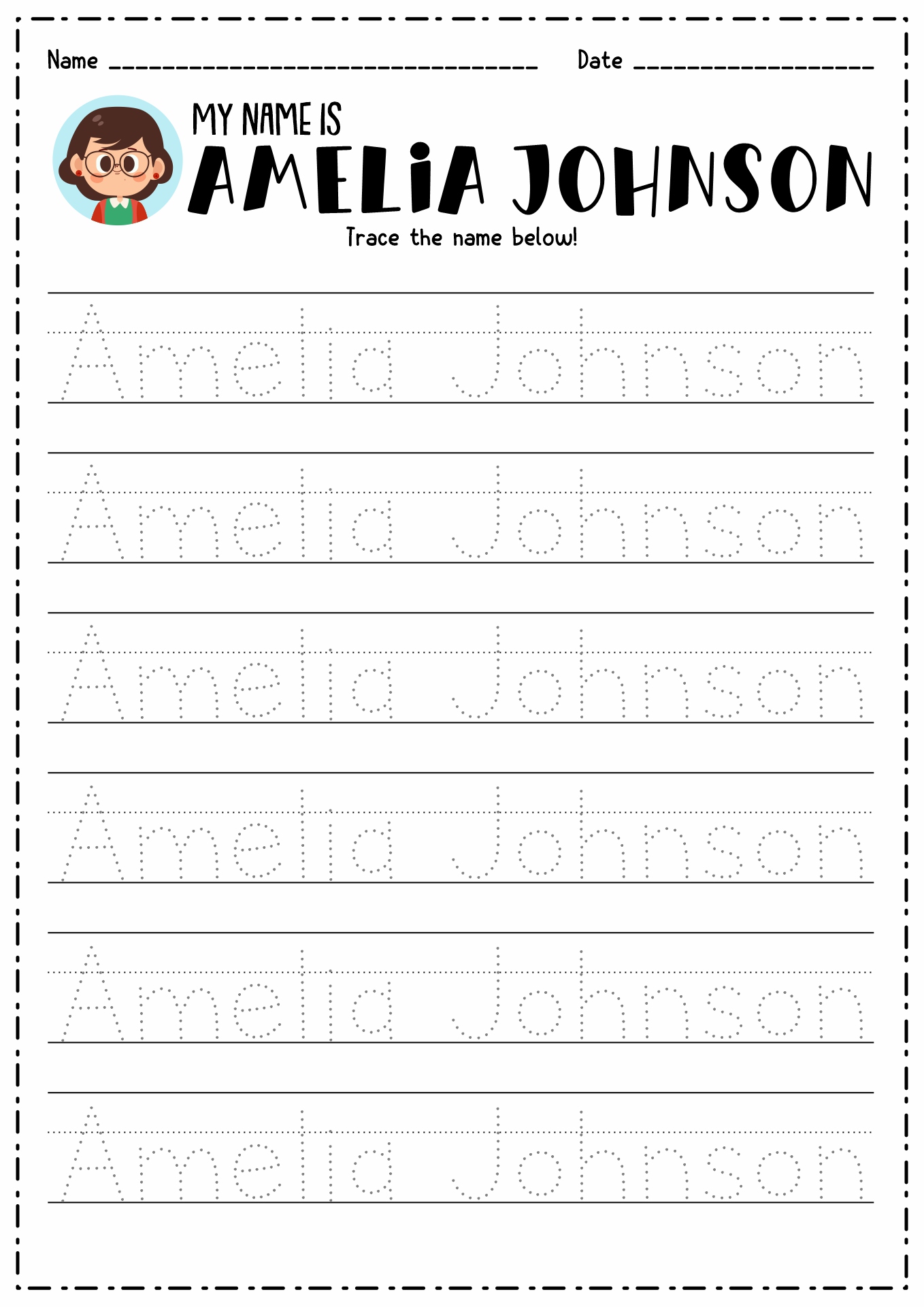 Name Tracing Practice Sheets Image