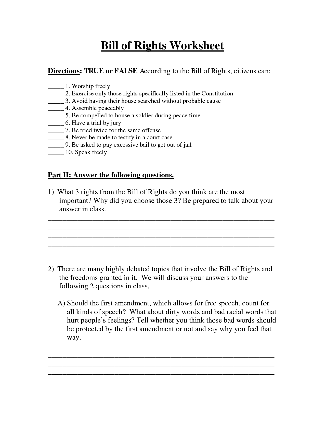 Printable Bill of Rights Worksheets Image