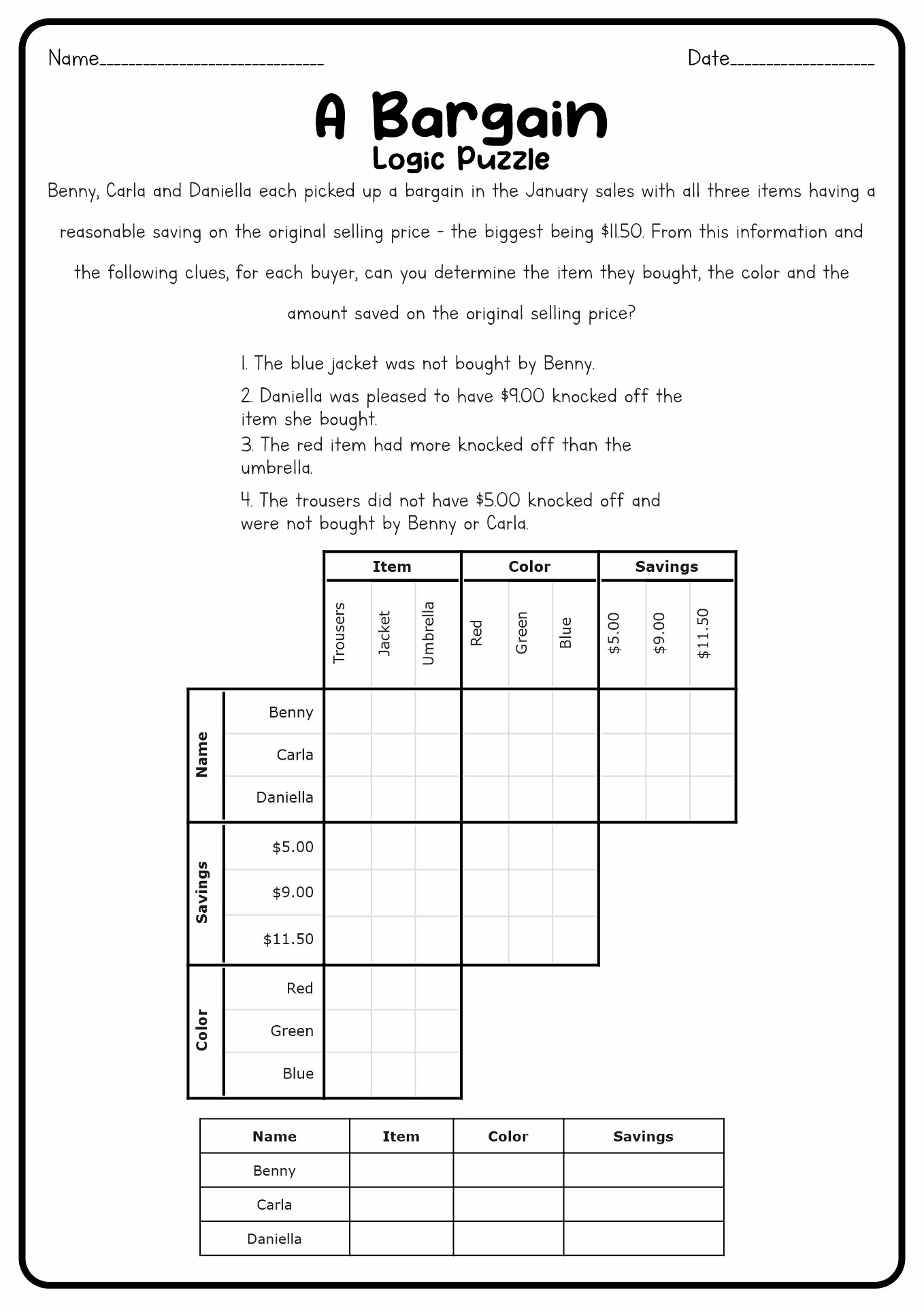 Printable Logic Puzzle Worksheets Middle School