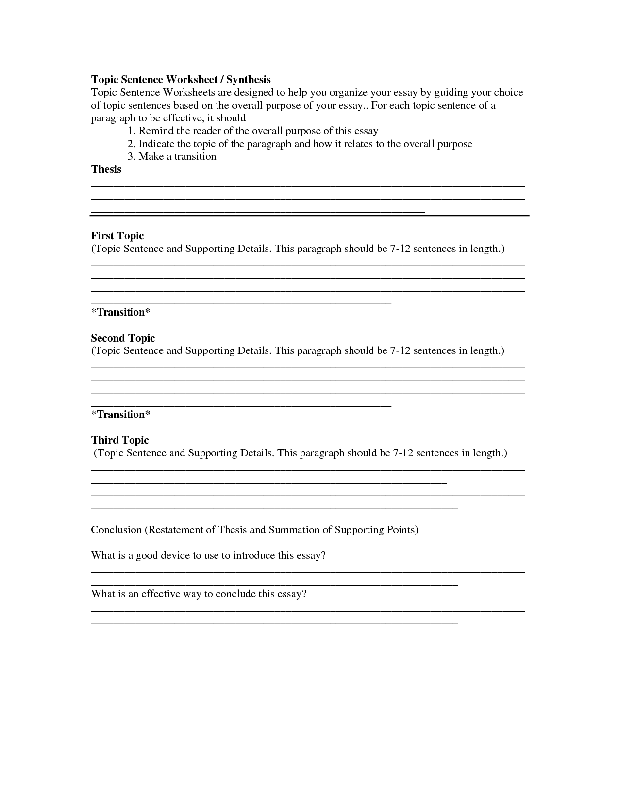 Identifying Topic Sentences Worksheets