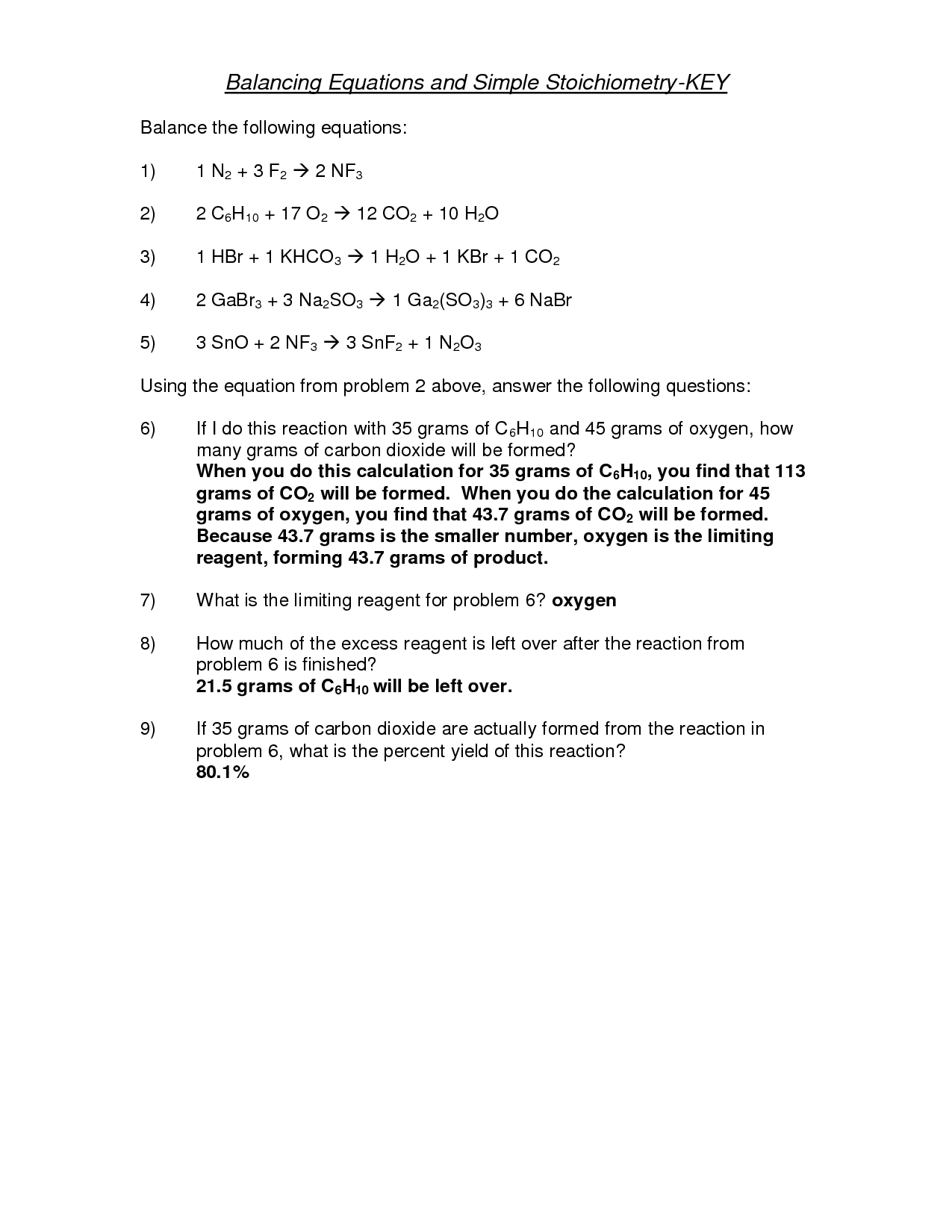 stoichiometry assignment 2 answer key
