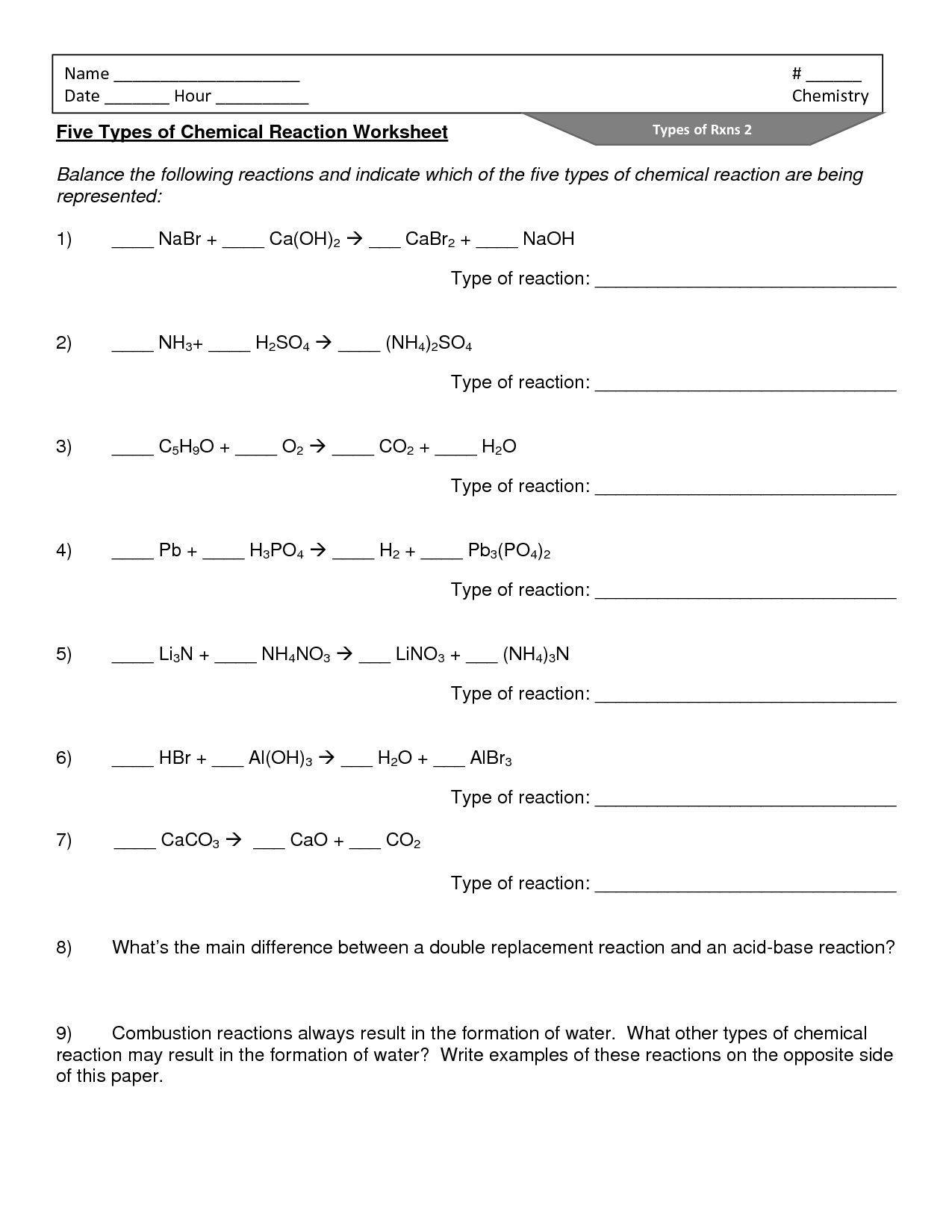 Types Chemical Reactions Worksheets Answers Image