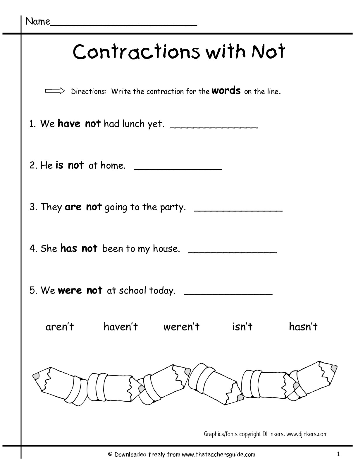 1st Grade Not Contractions Worksheet Image