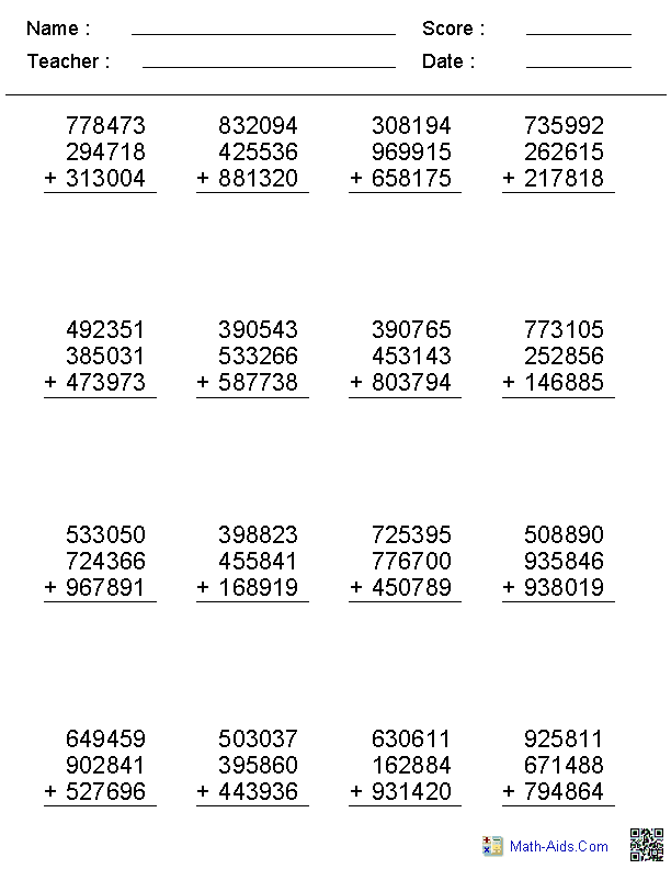 5 Digit Math Addition Worksheets Image