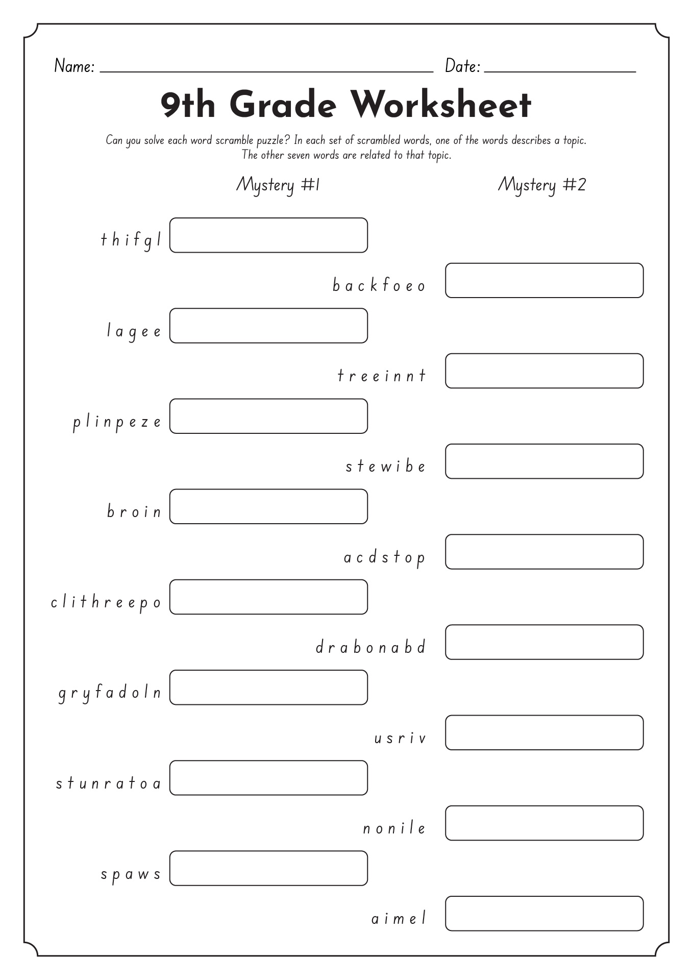 9th Grade Printable Worksheets