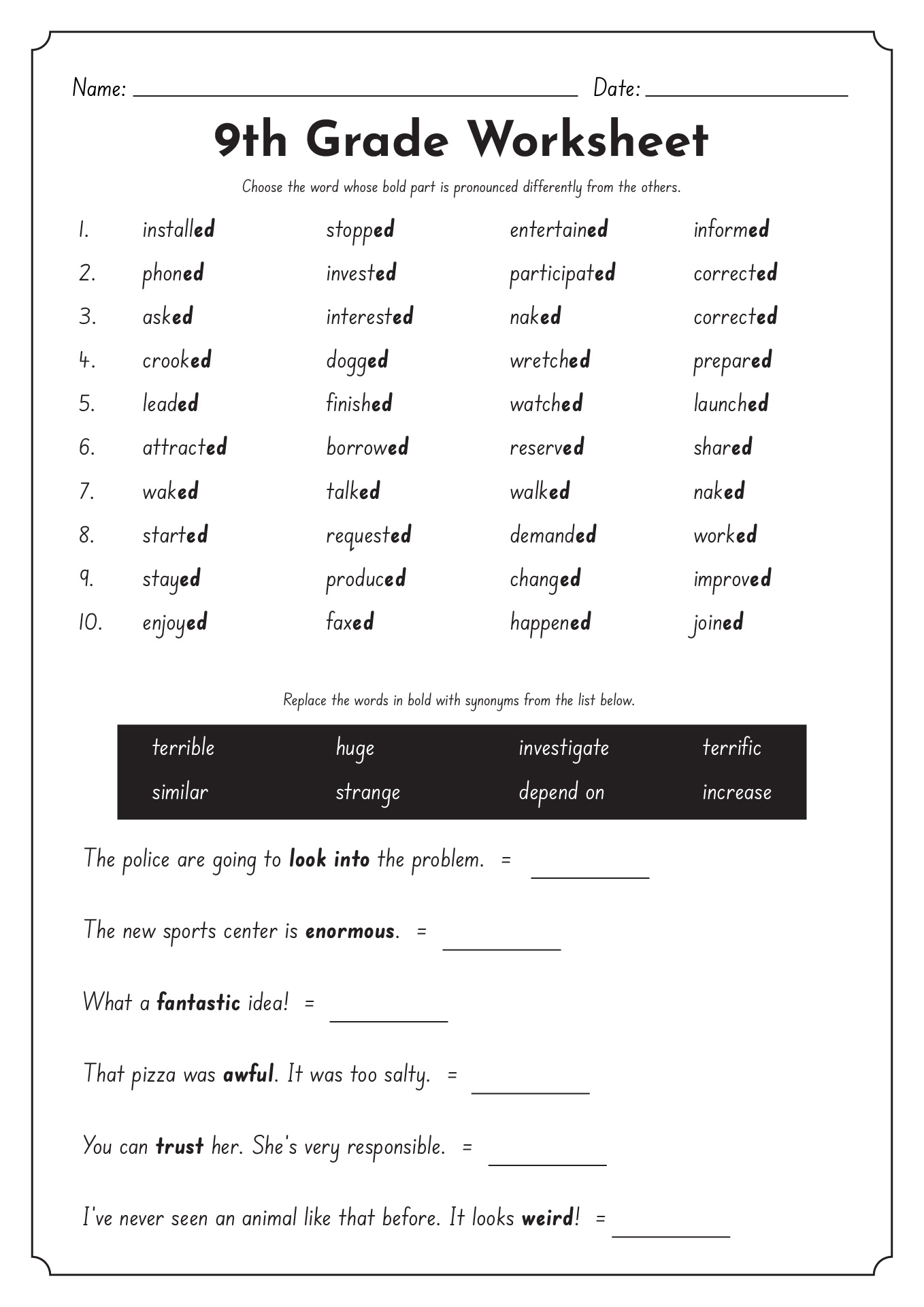 9th Grade Printable Worksheets Image