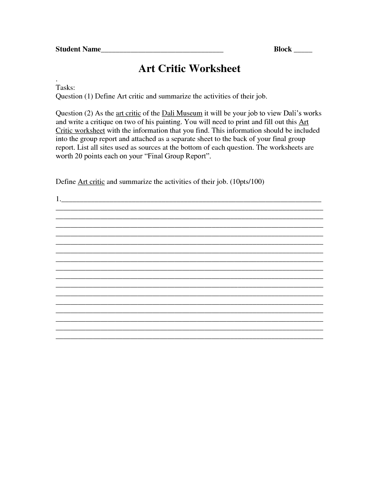 Art Critique Worksheet