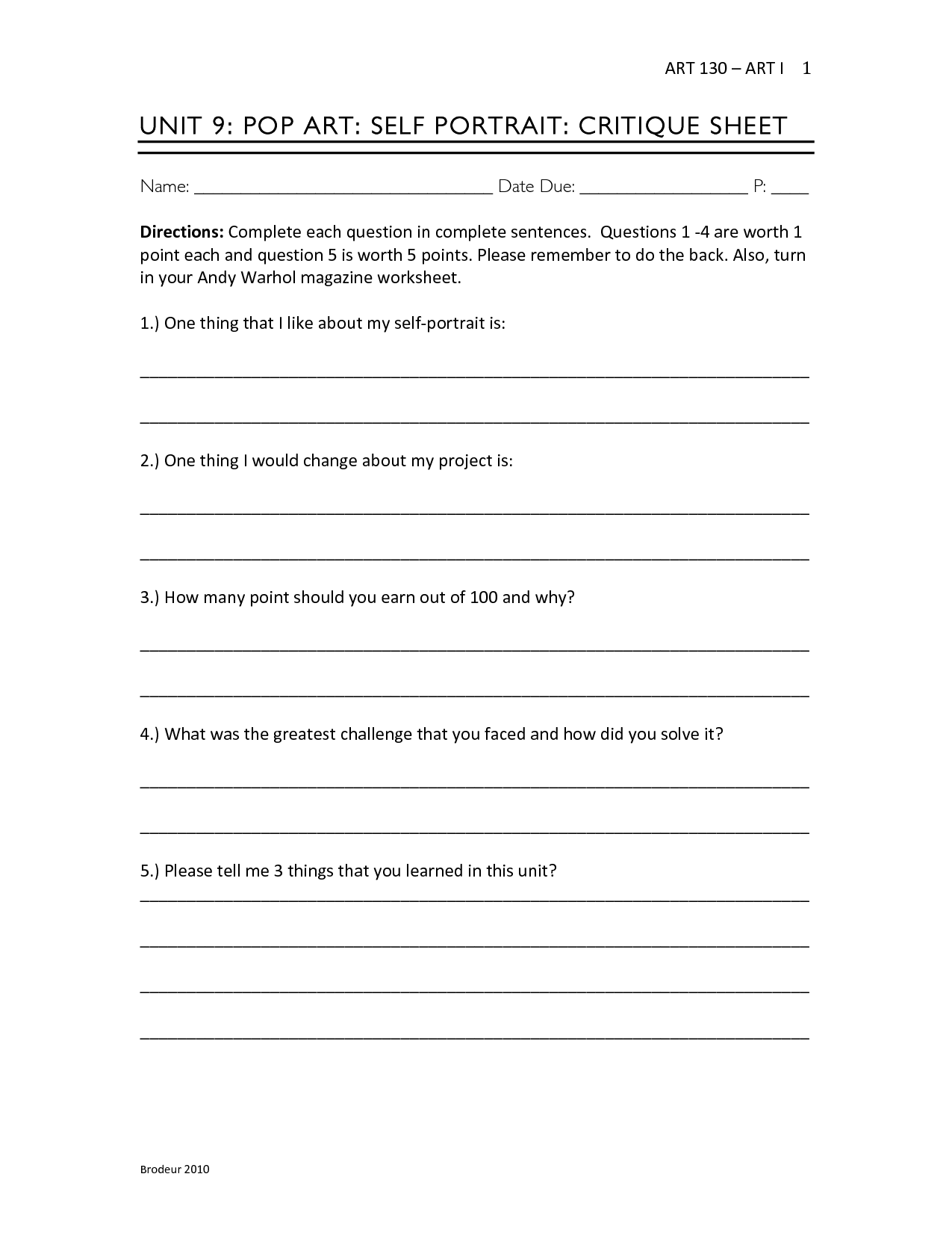 Art Self Critique Worksheet