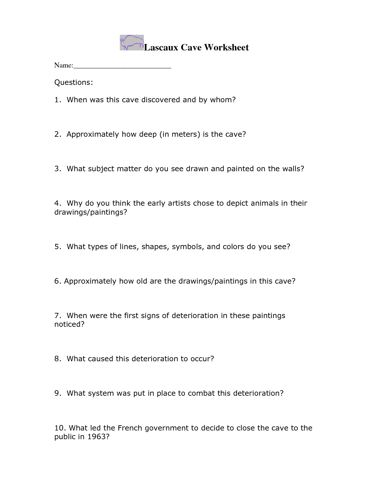 Cave Painting Lascaux Worksheet