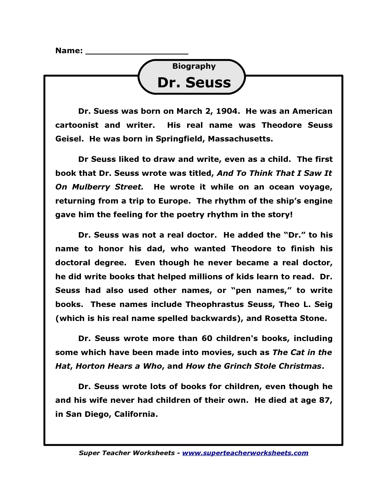 Dr. Seuss Biography Worksheet for Kids