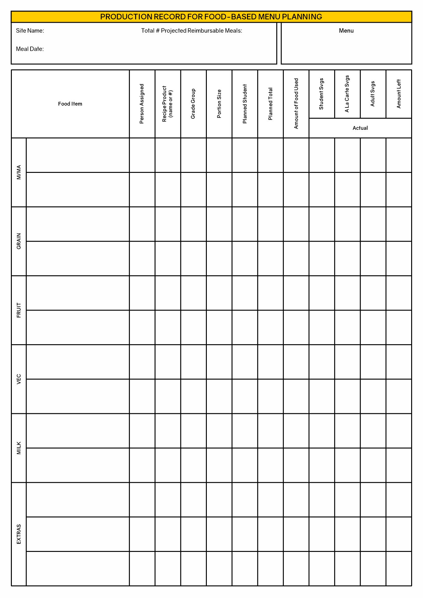 Food Production Sheet Template Image