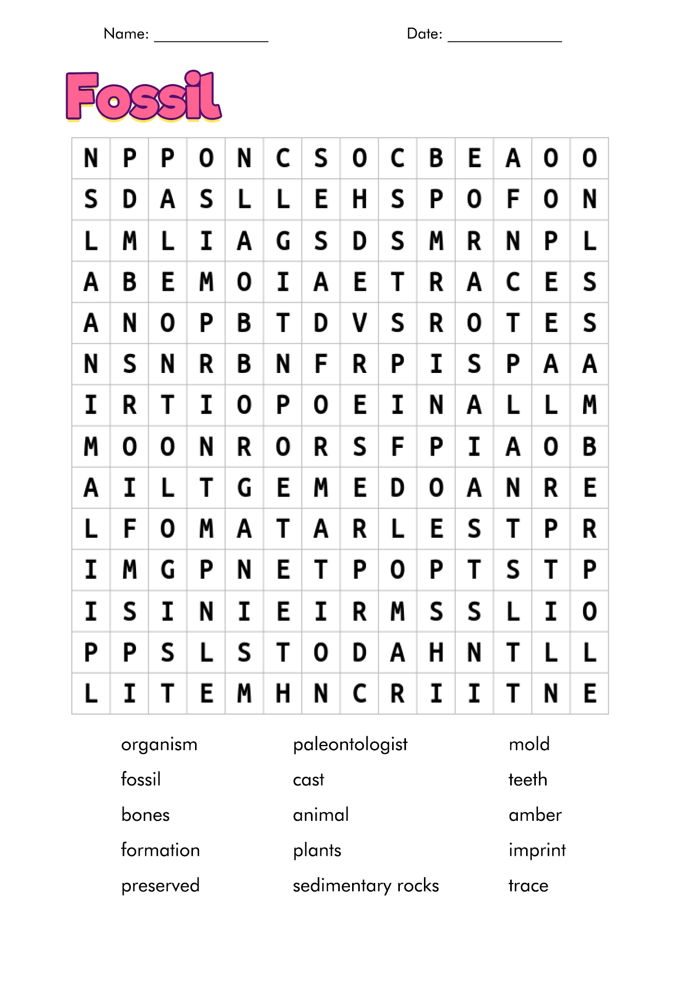 Fossil Word Search Printable Image