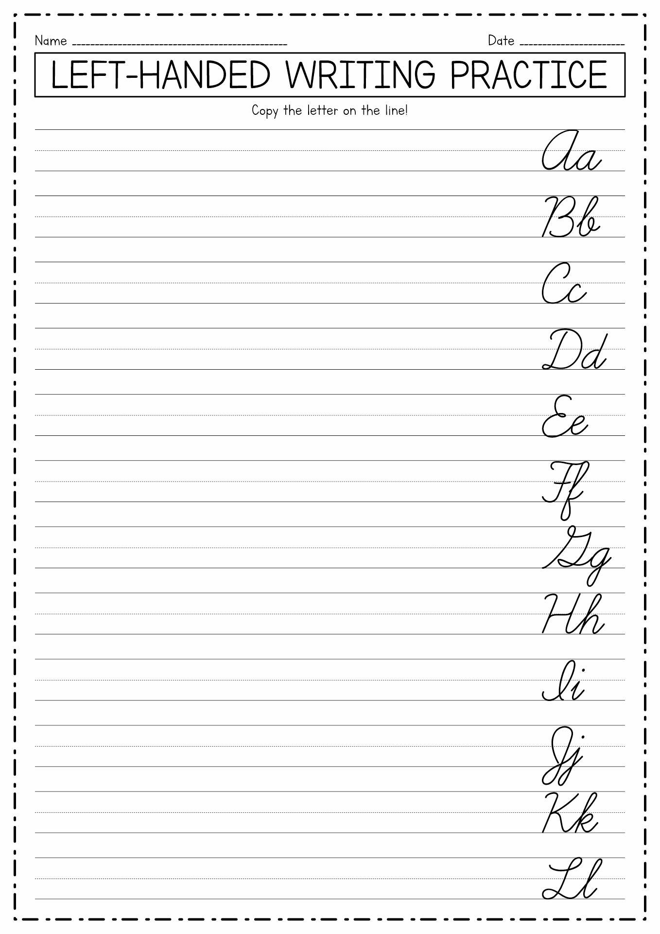 Left-Handed Cursive Writing Practice Sheets