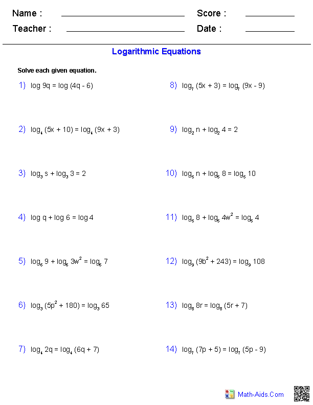 Logarithmic Equations Worksheet Image