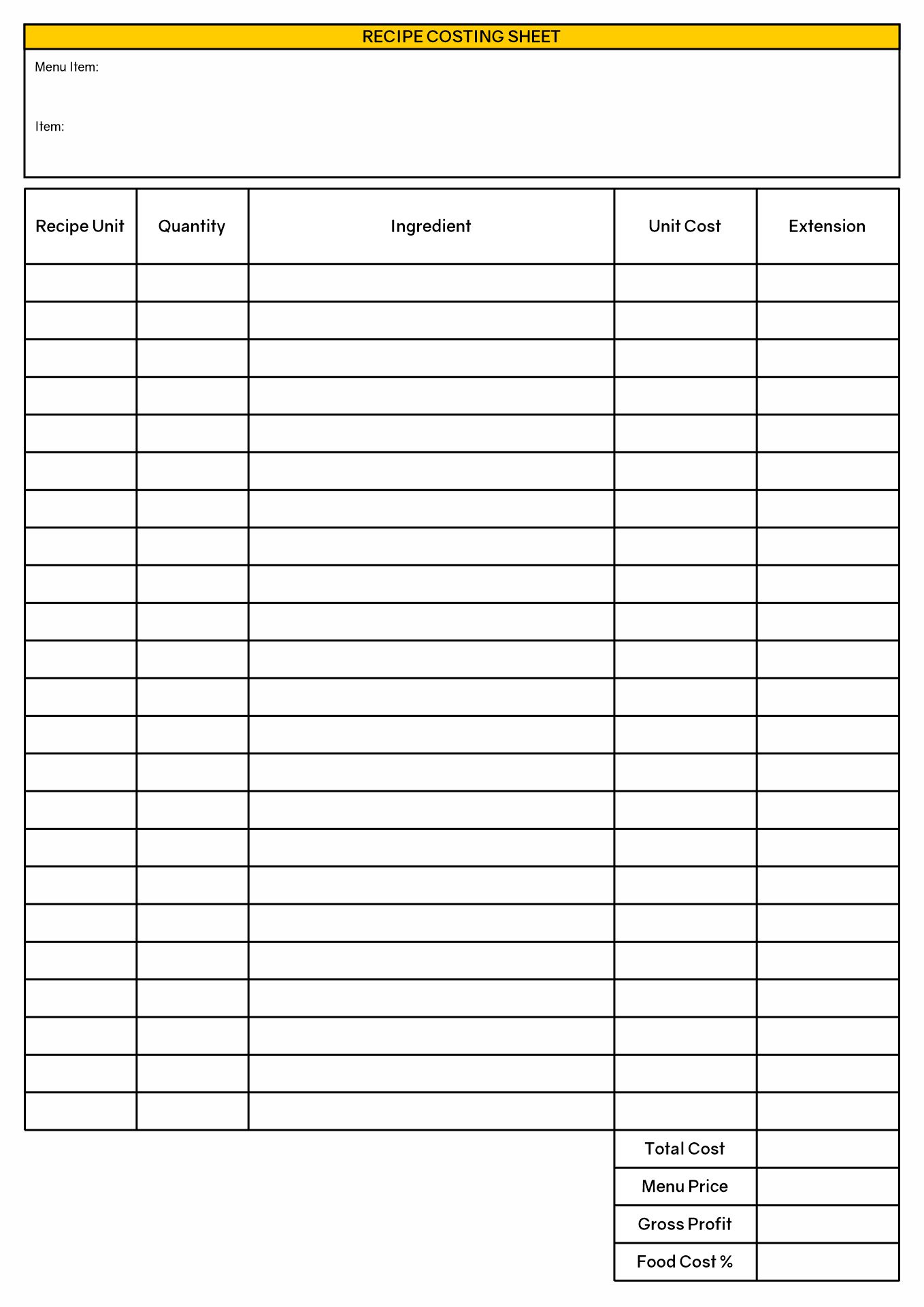 Recipe Costing Sheet Template Image