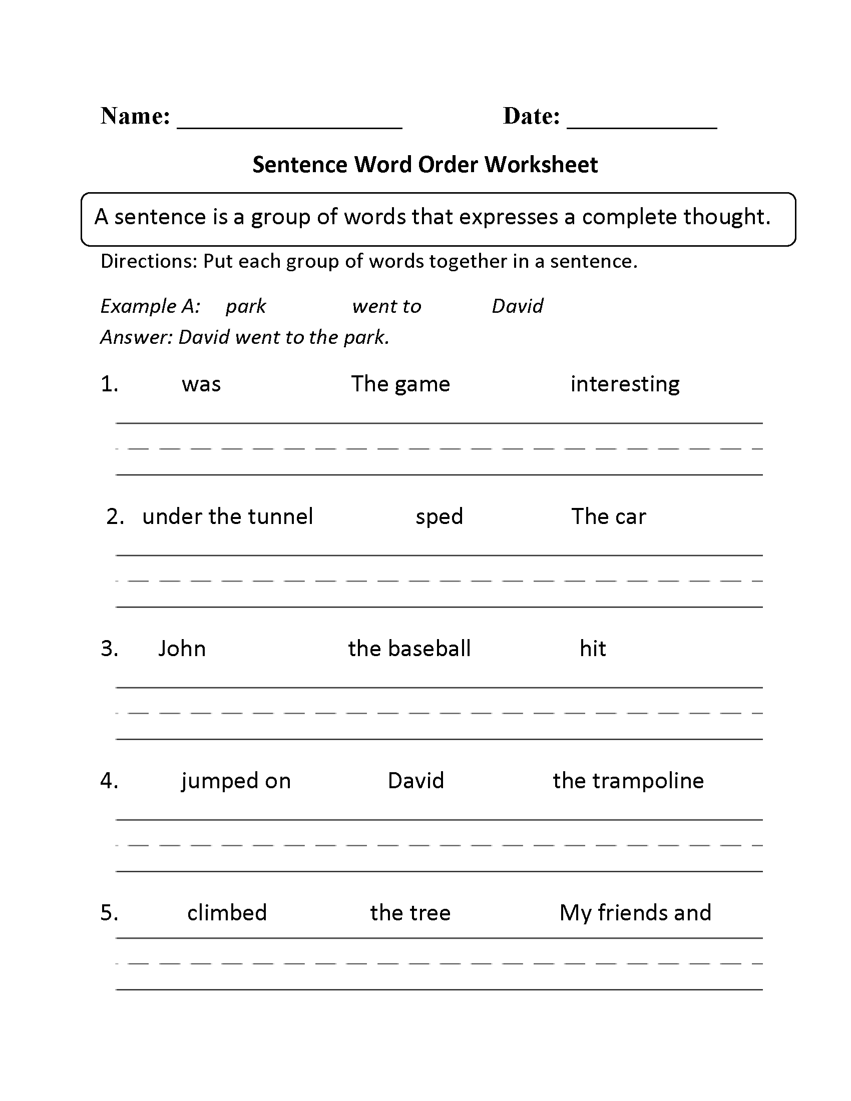 Sentence Word Order Worksheets For Kindergarden