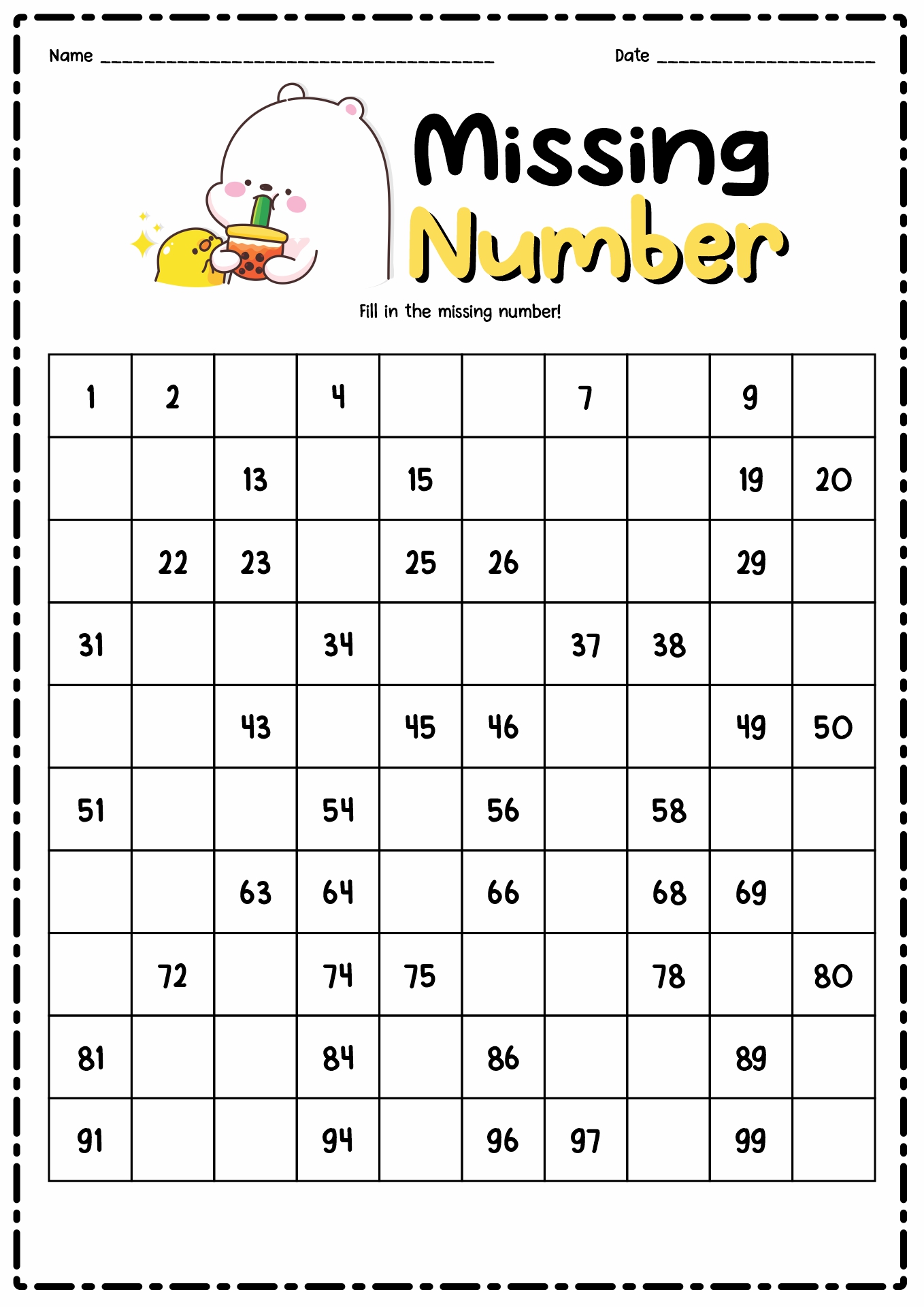 Missing Numbers 100 Chart