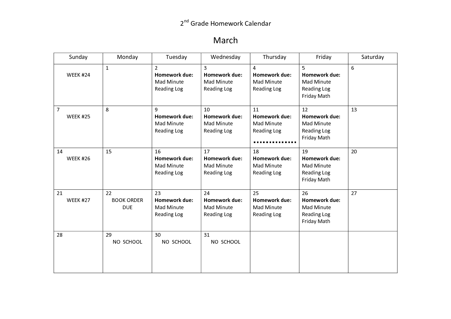 2nd Grade Homework Calendar Template Image