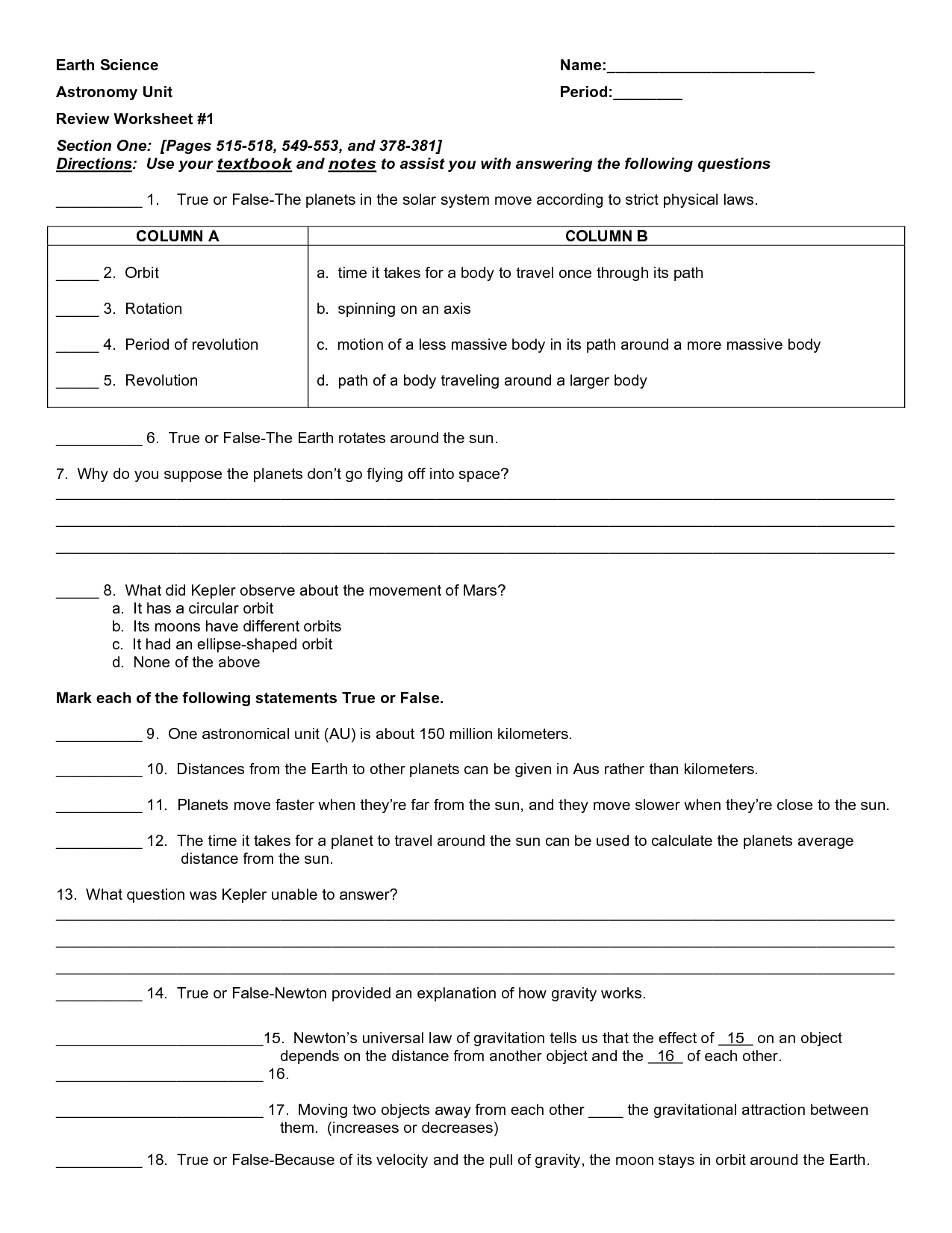 Middle School Earth Science Worksheets