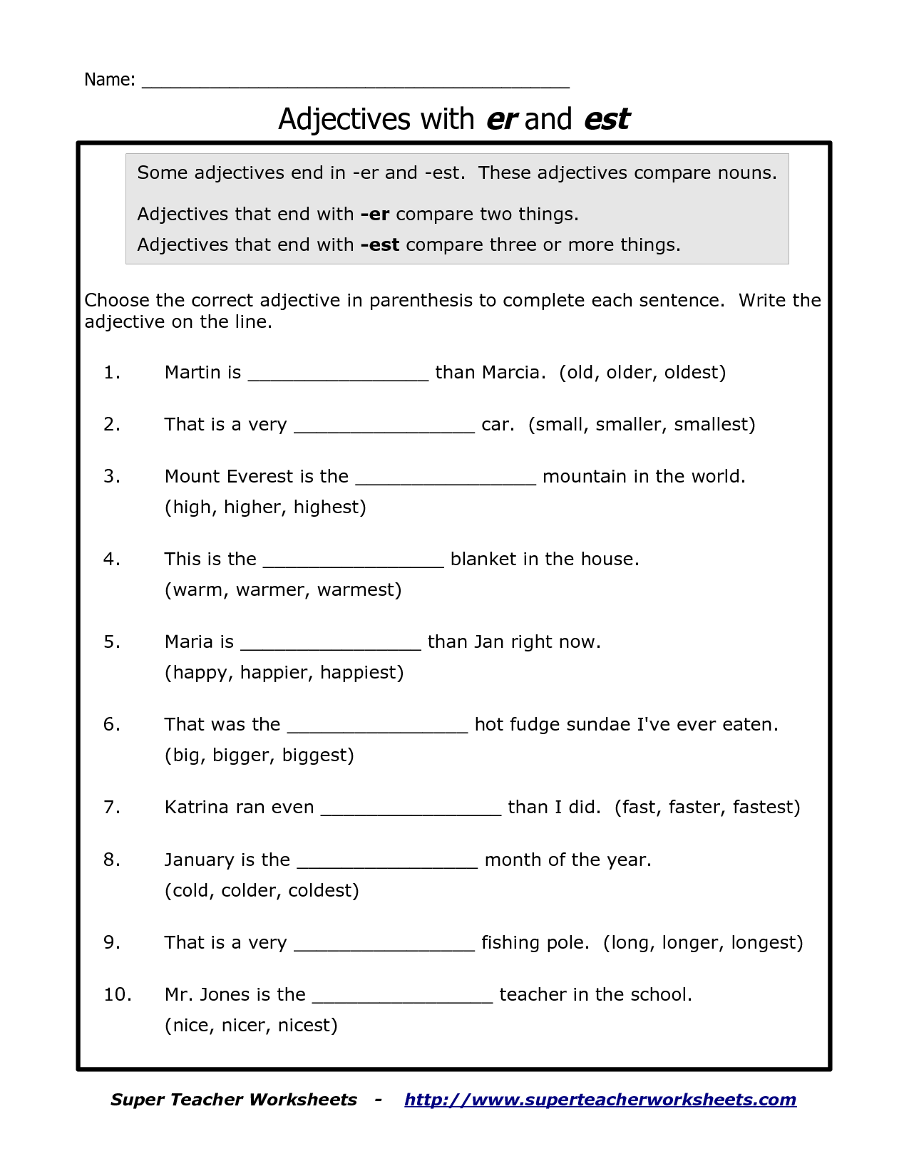 Adding Er And Est To Words Worksheet