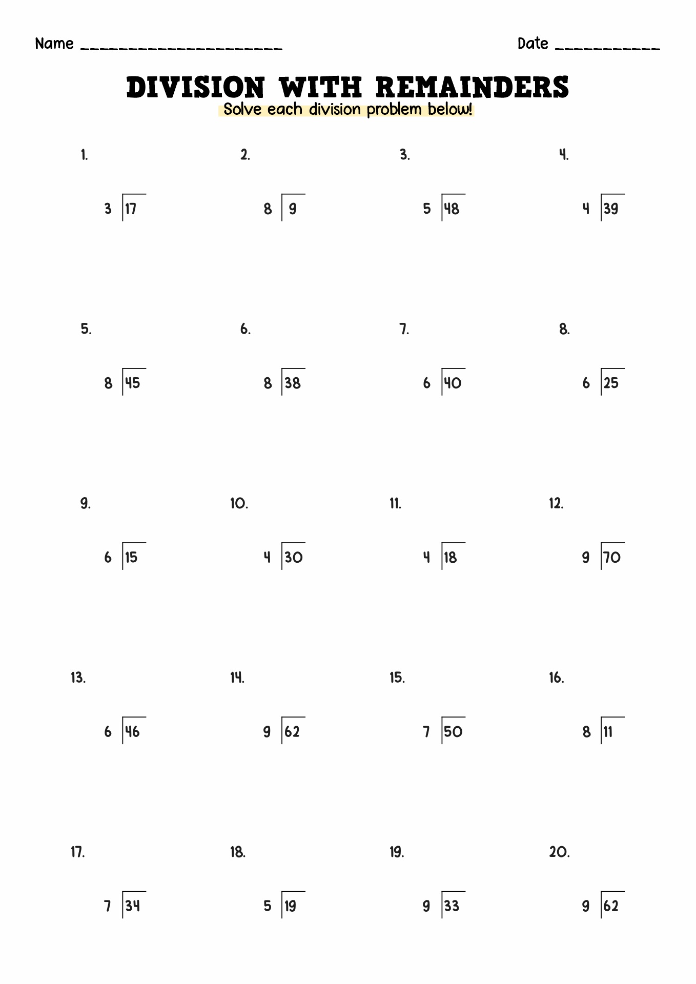 Free Division with Remainders Worksheets