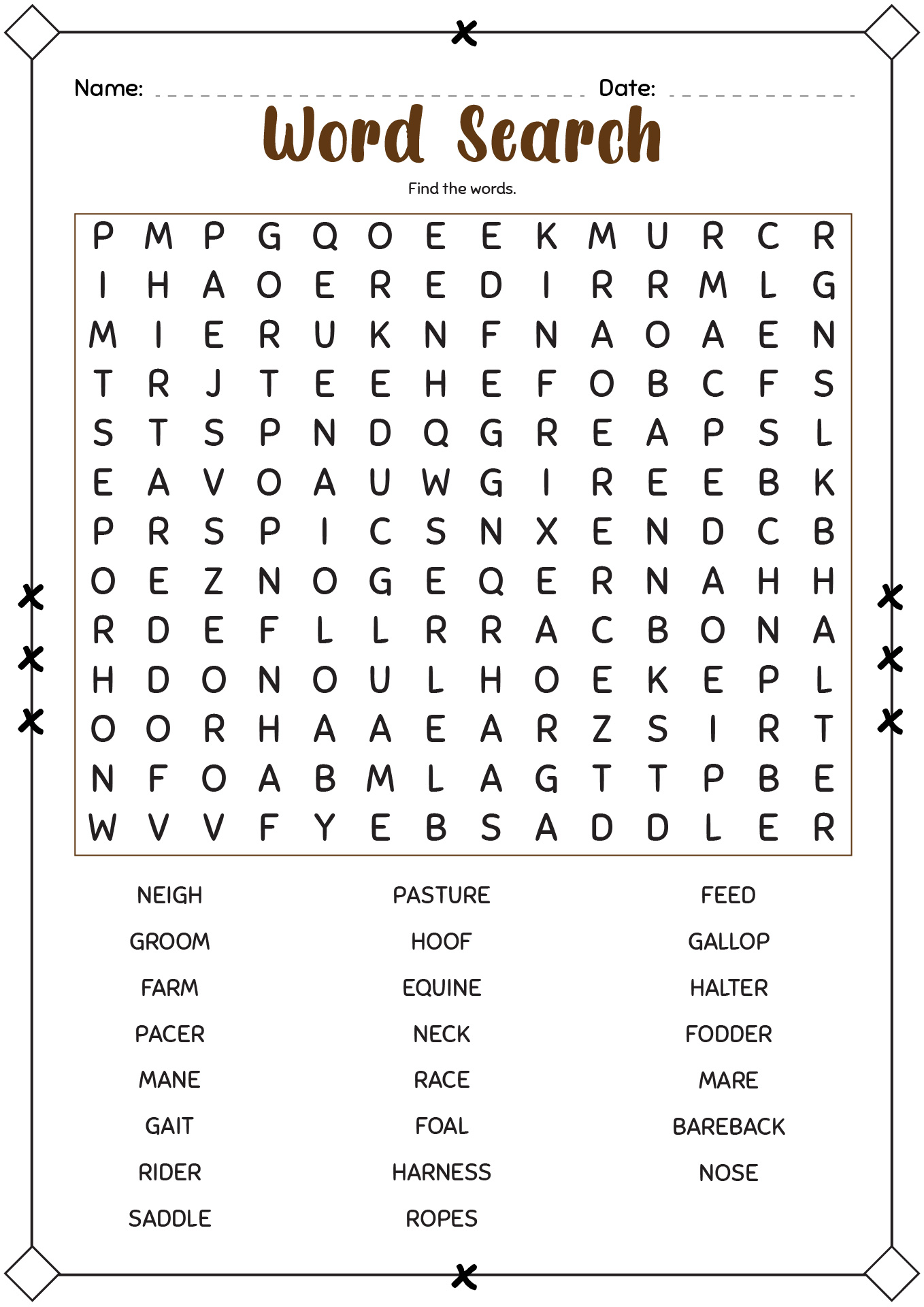 Horse Word Search Worksheets