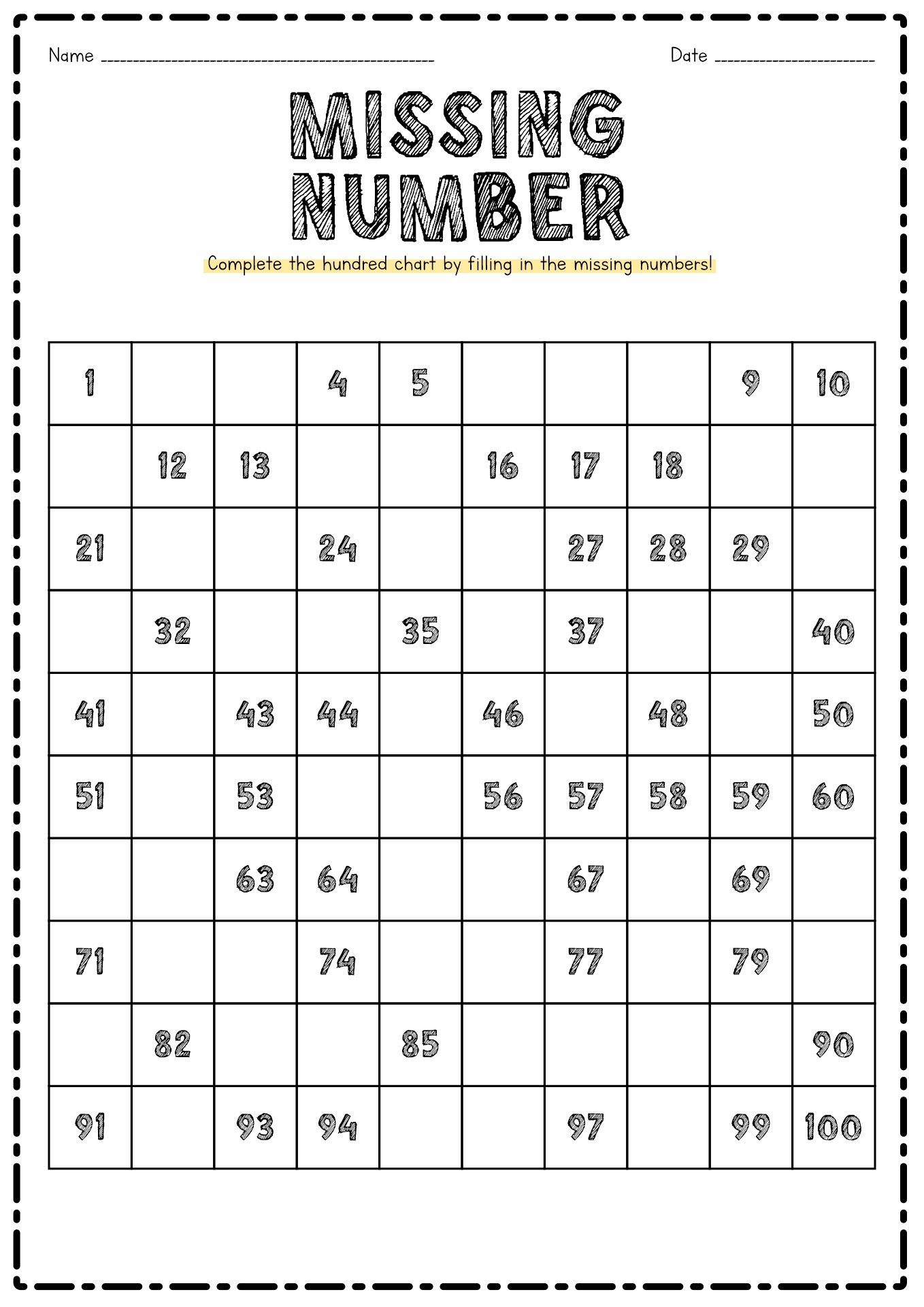 100 Chart Missing Numbers Worksheet