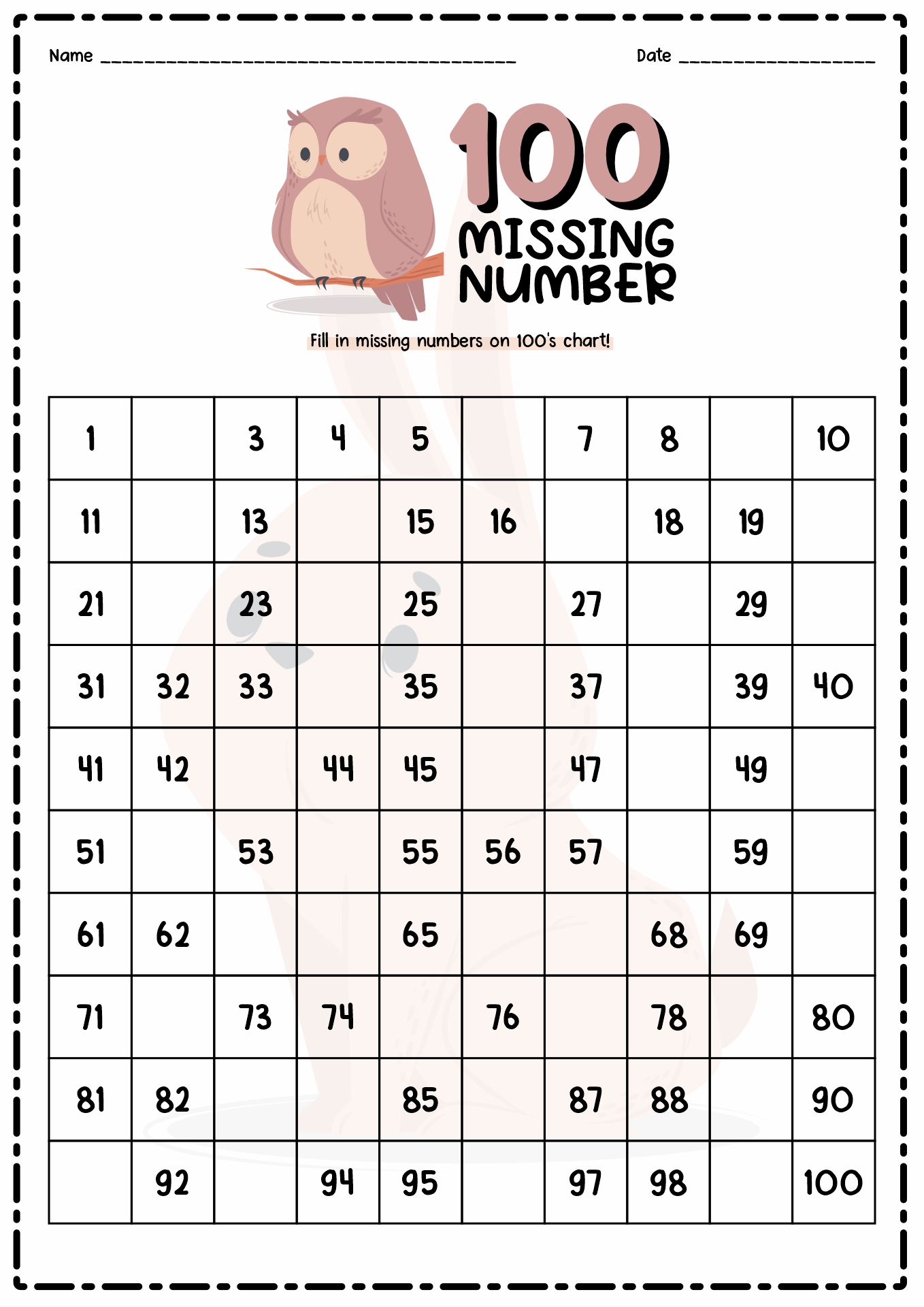 Free Printable 100 Chart With Missing Numbers