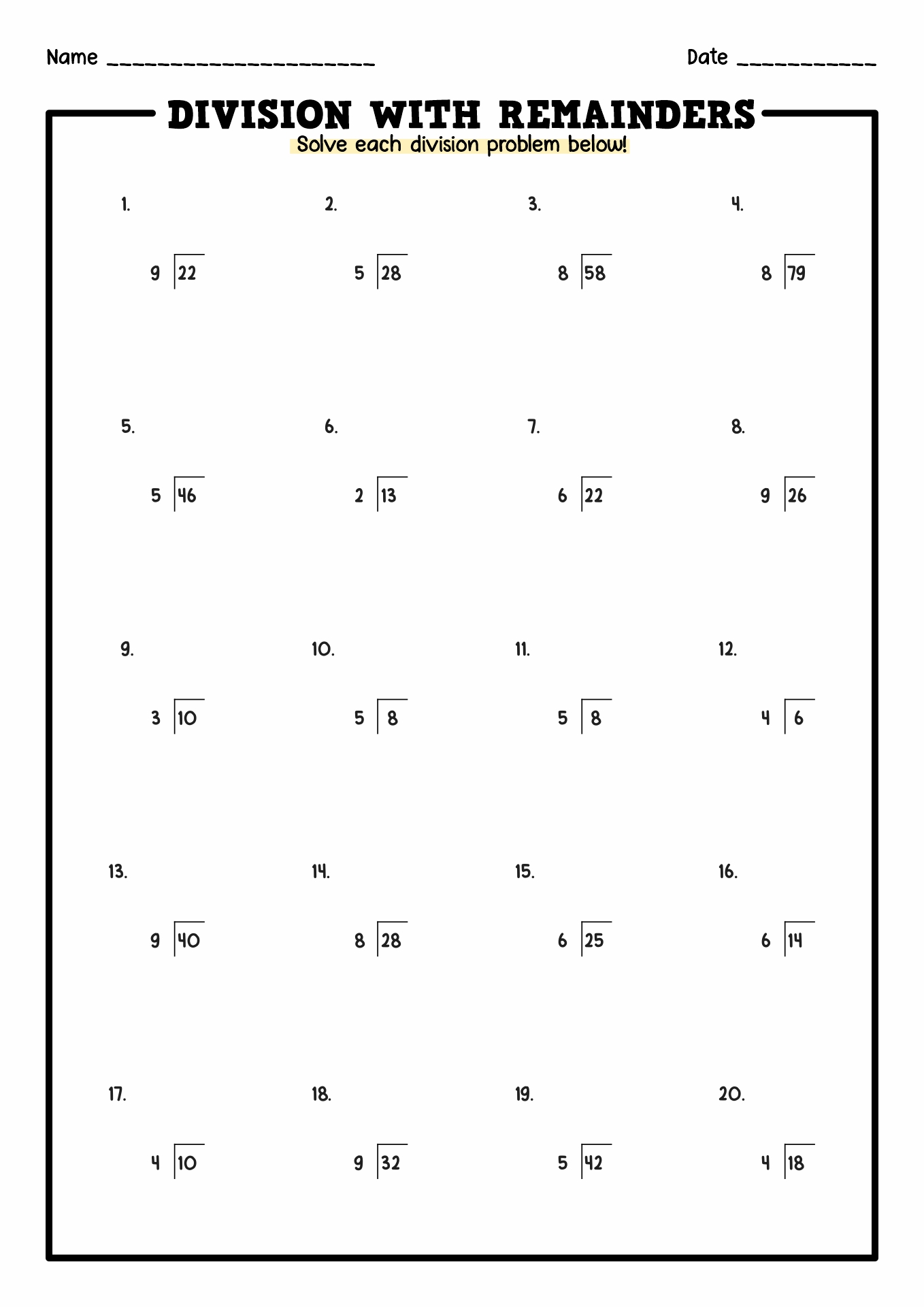 Long Division Problems with Remainders Worksheets Image
