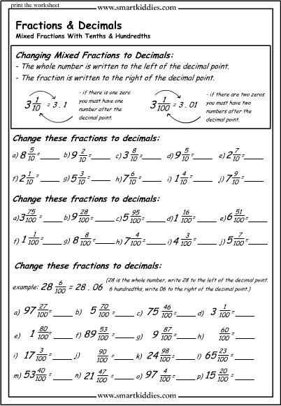 Mixed Fractions to Decimals Worksheets Image