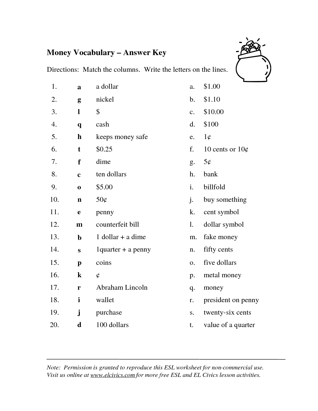 Money Vocabulary Worksheet Image