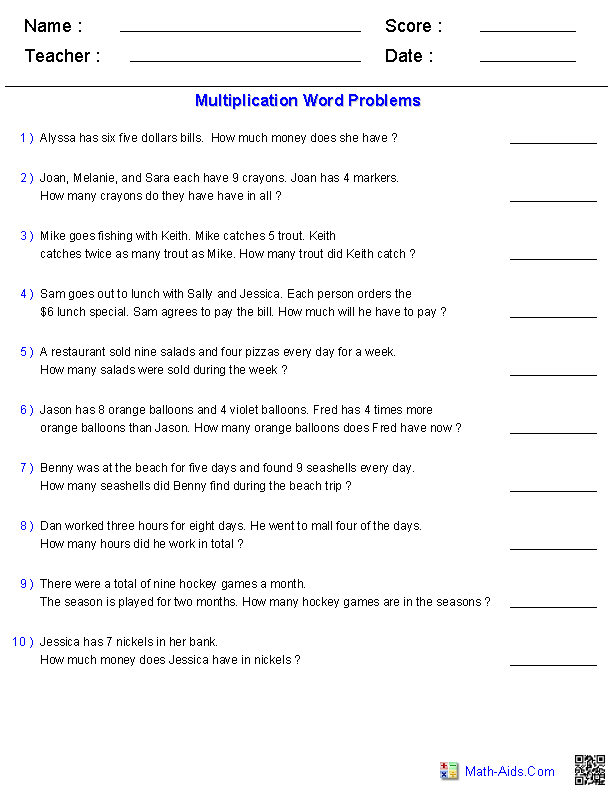 Multiplication Word Problems Worksheets Image