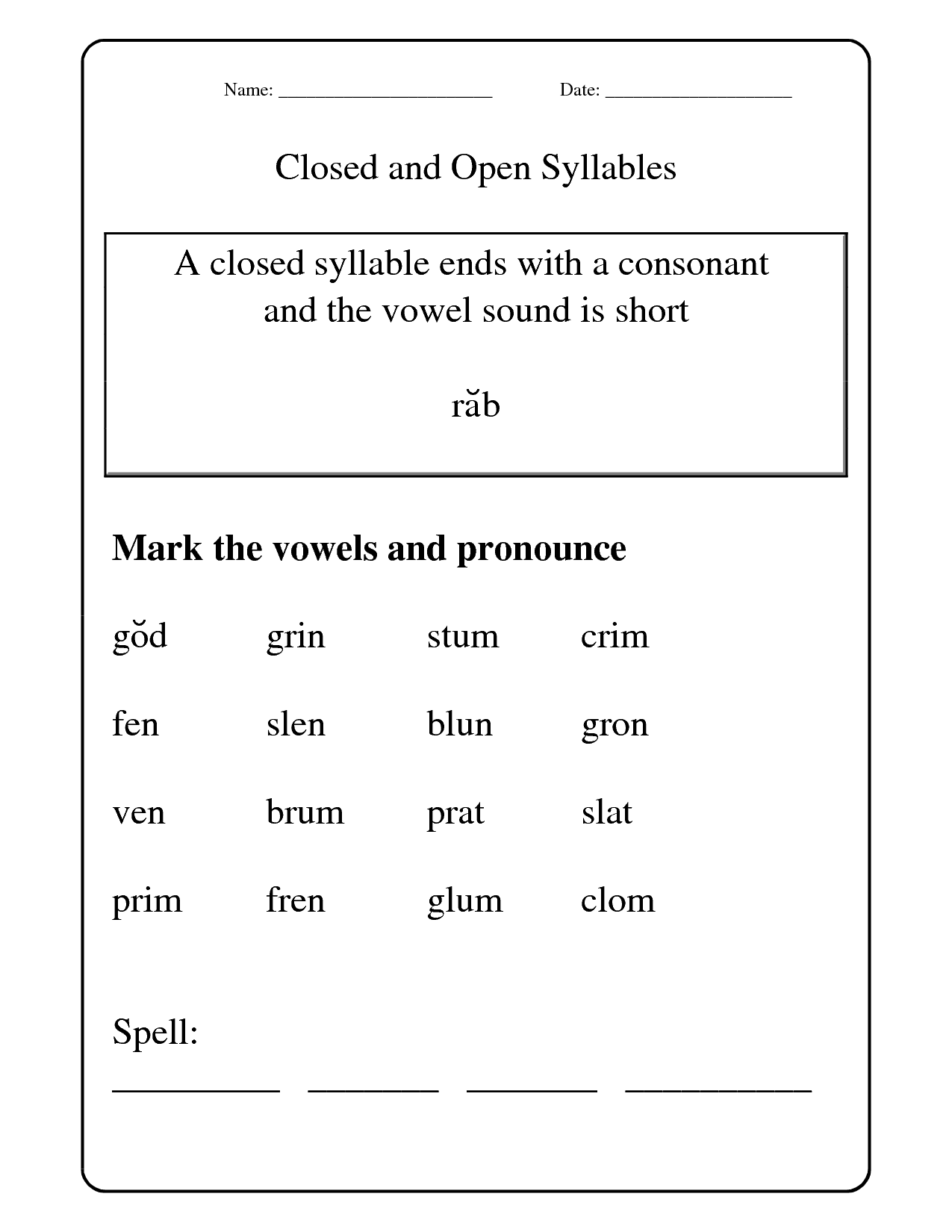Open and Closed Syllables Worksheets Image