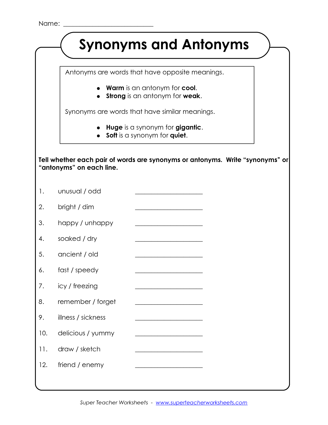Synonyms And Antonyms Worksheet Free Printable