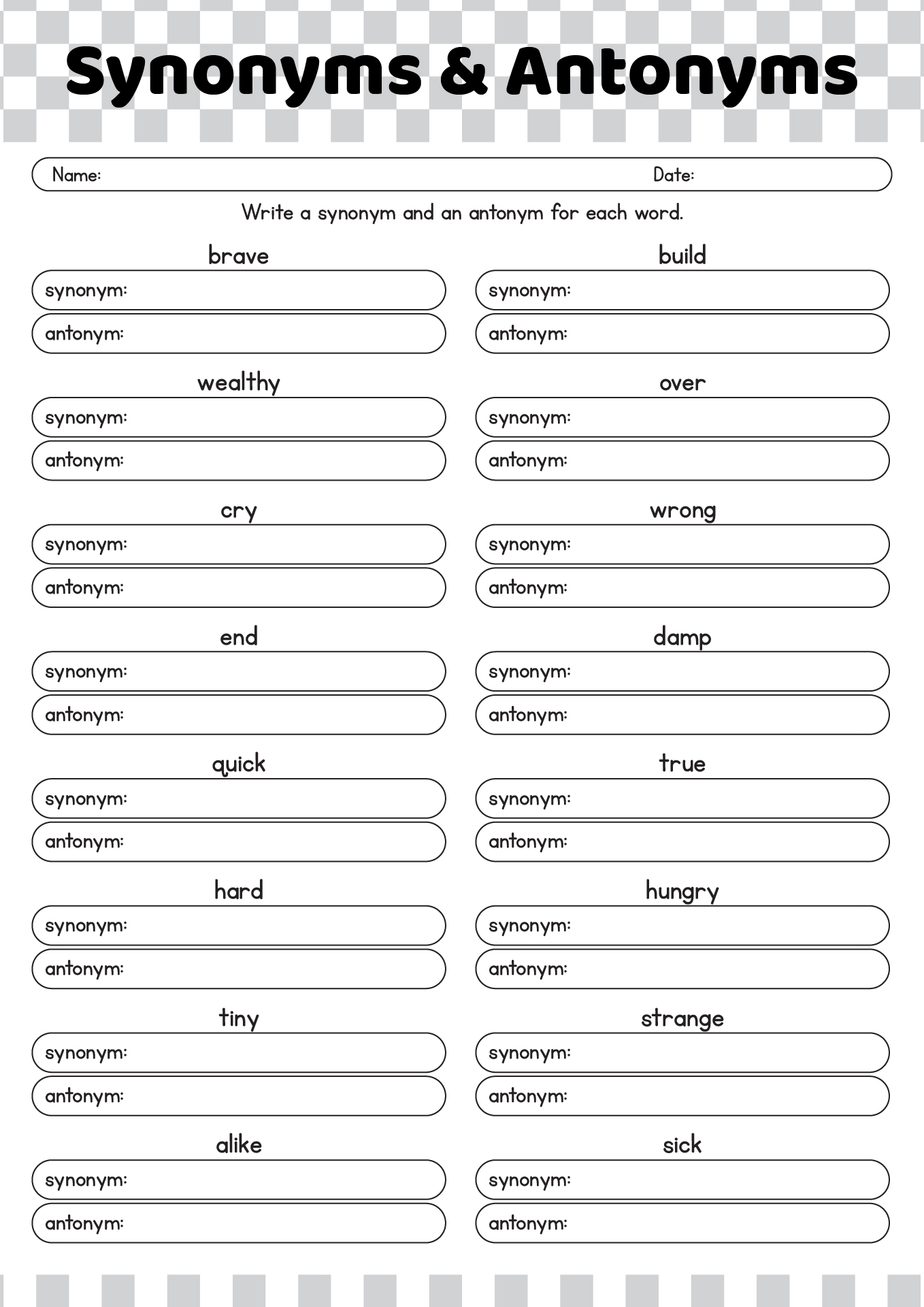 Synonym Antonym Worksheet Free Printable