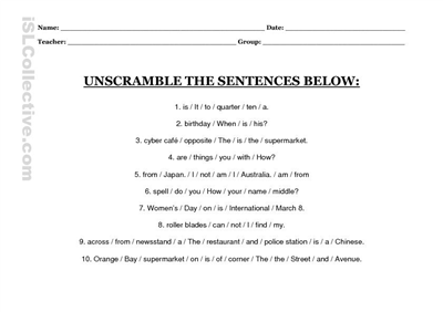 Word Unscramble Sentence Worksheet Image