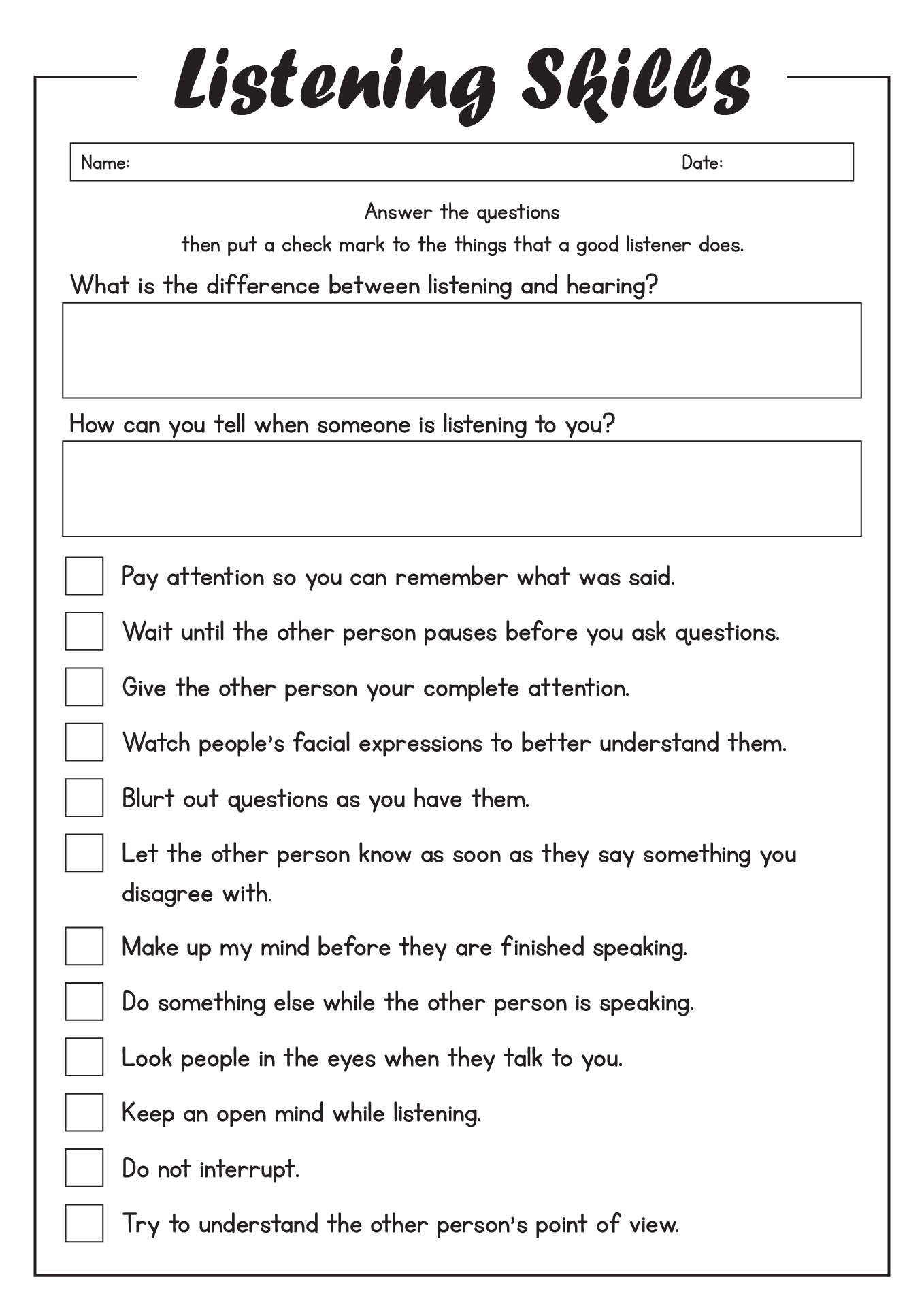 Active Listening Skills Worksheets for Young Adults