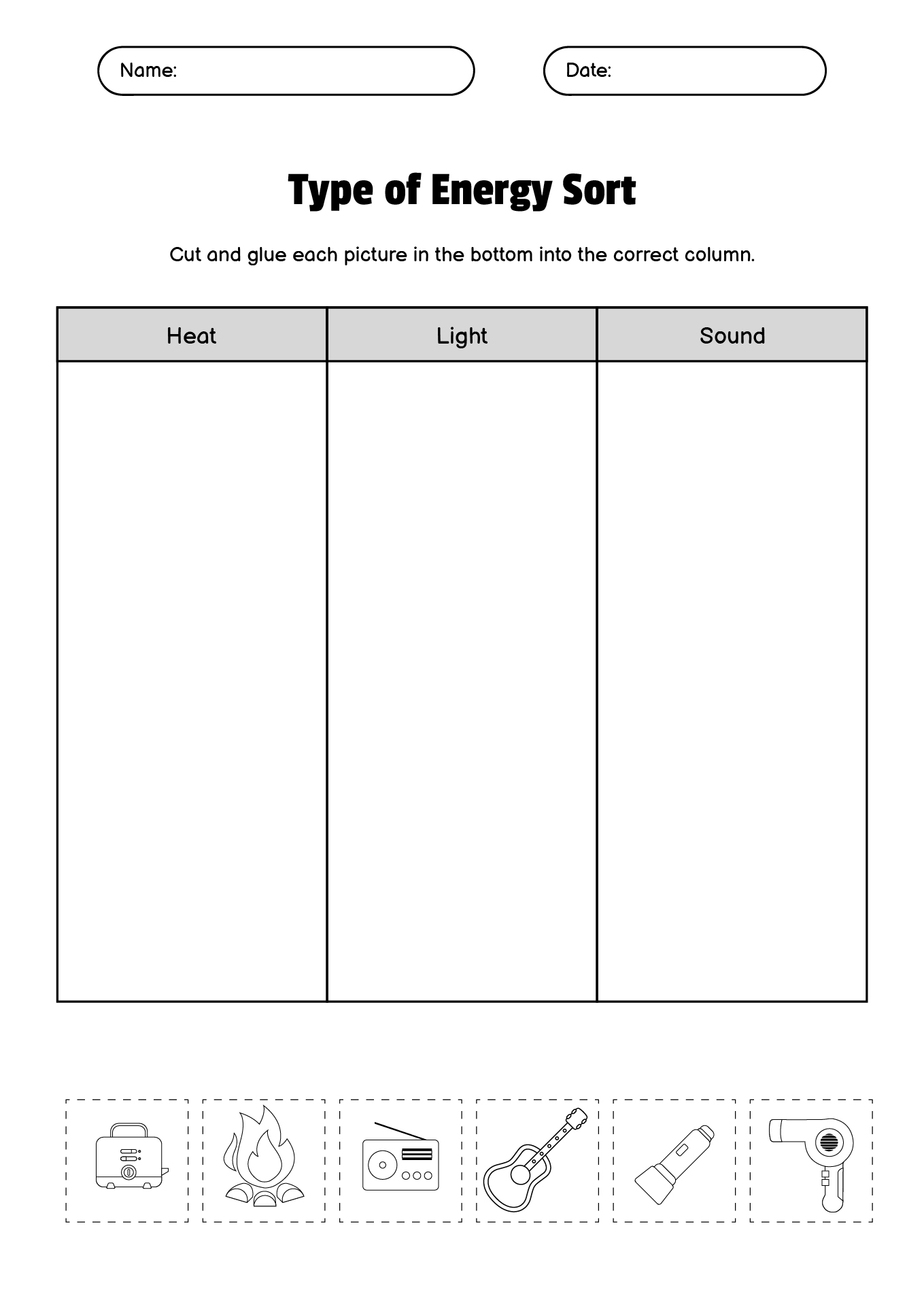 Types of Energy Sorting Worksheet