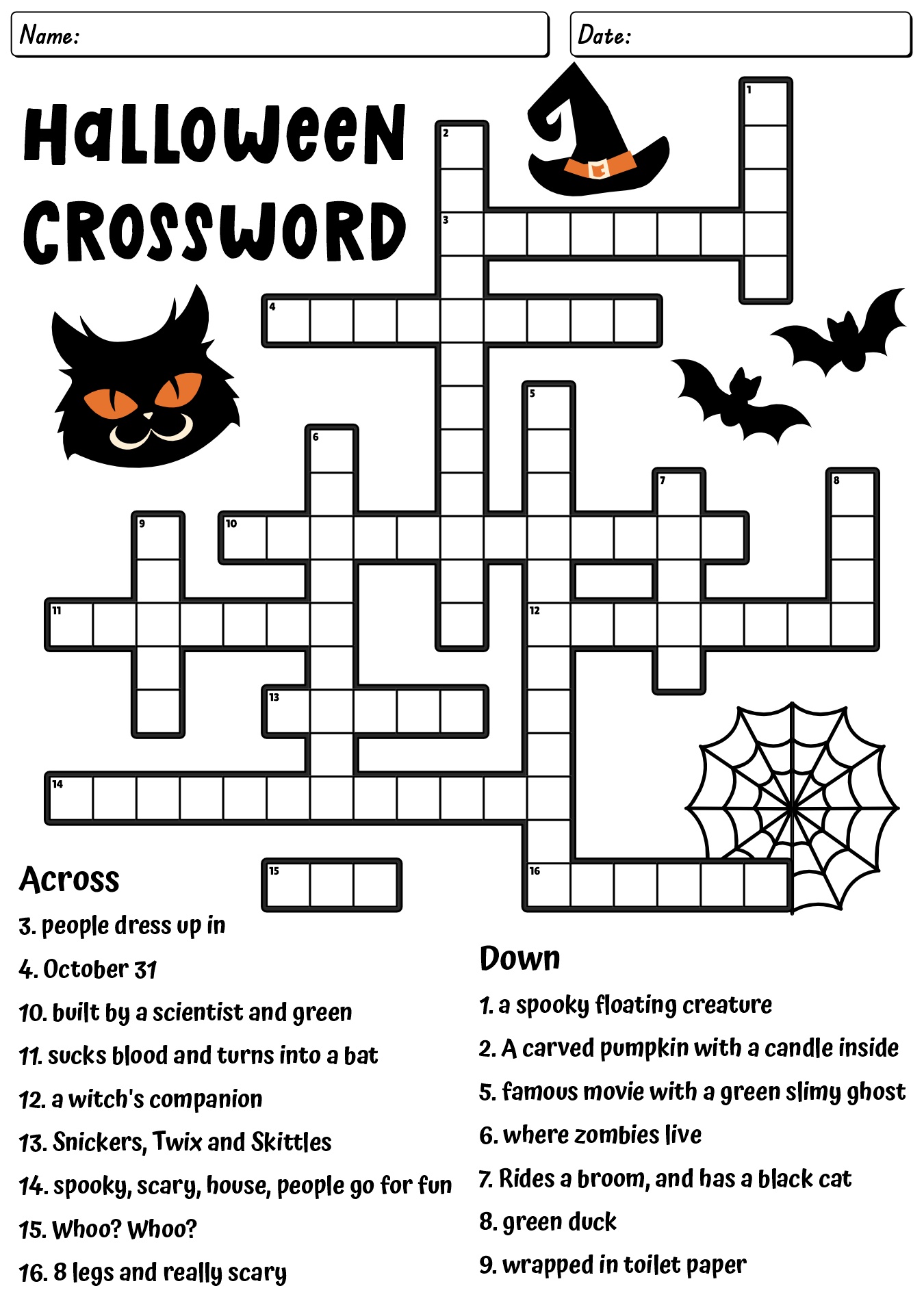 Printable Halloween Crossword Puzzle Worksheets