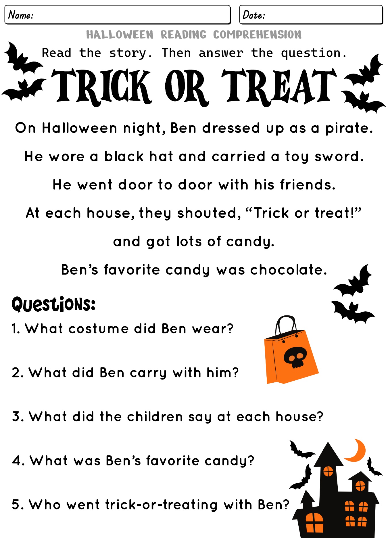 Printable Halloween Reading Comprehension Worksheets
