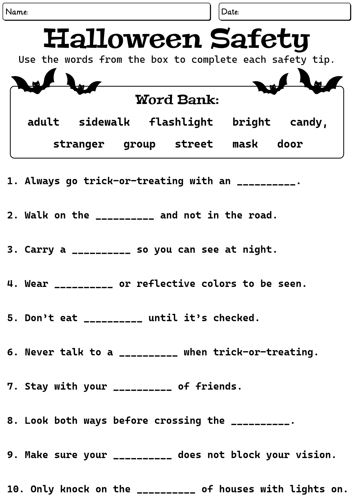 Printable Halloween Safety Tips Worksheets