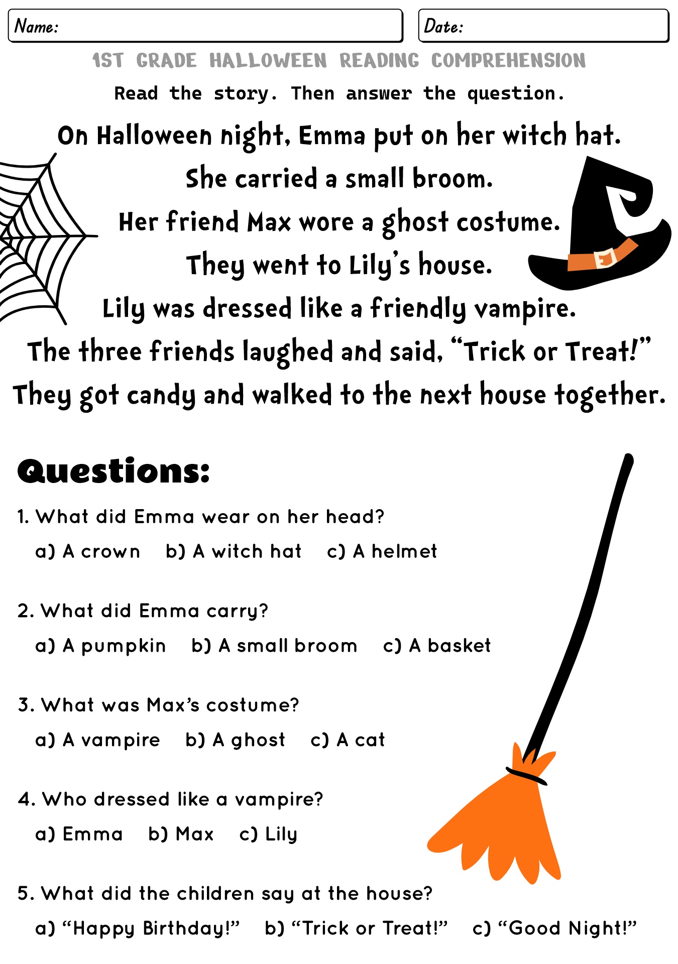1st Grade Halloween Characters Reading Worksheet