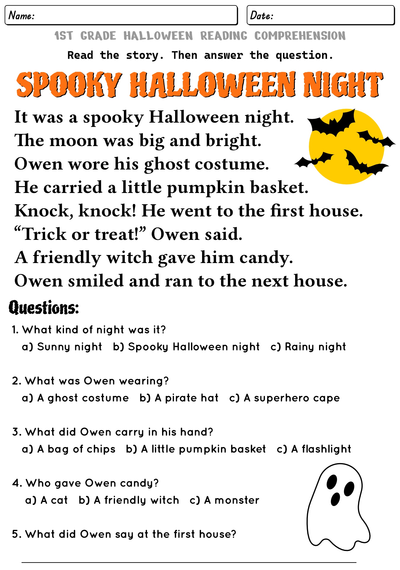 1st Grade Halloween Night Reading Worksheet
