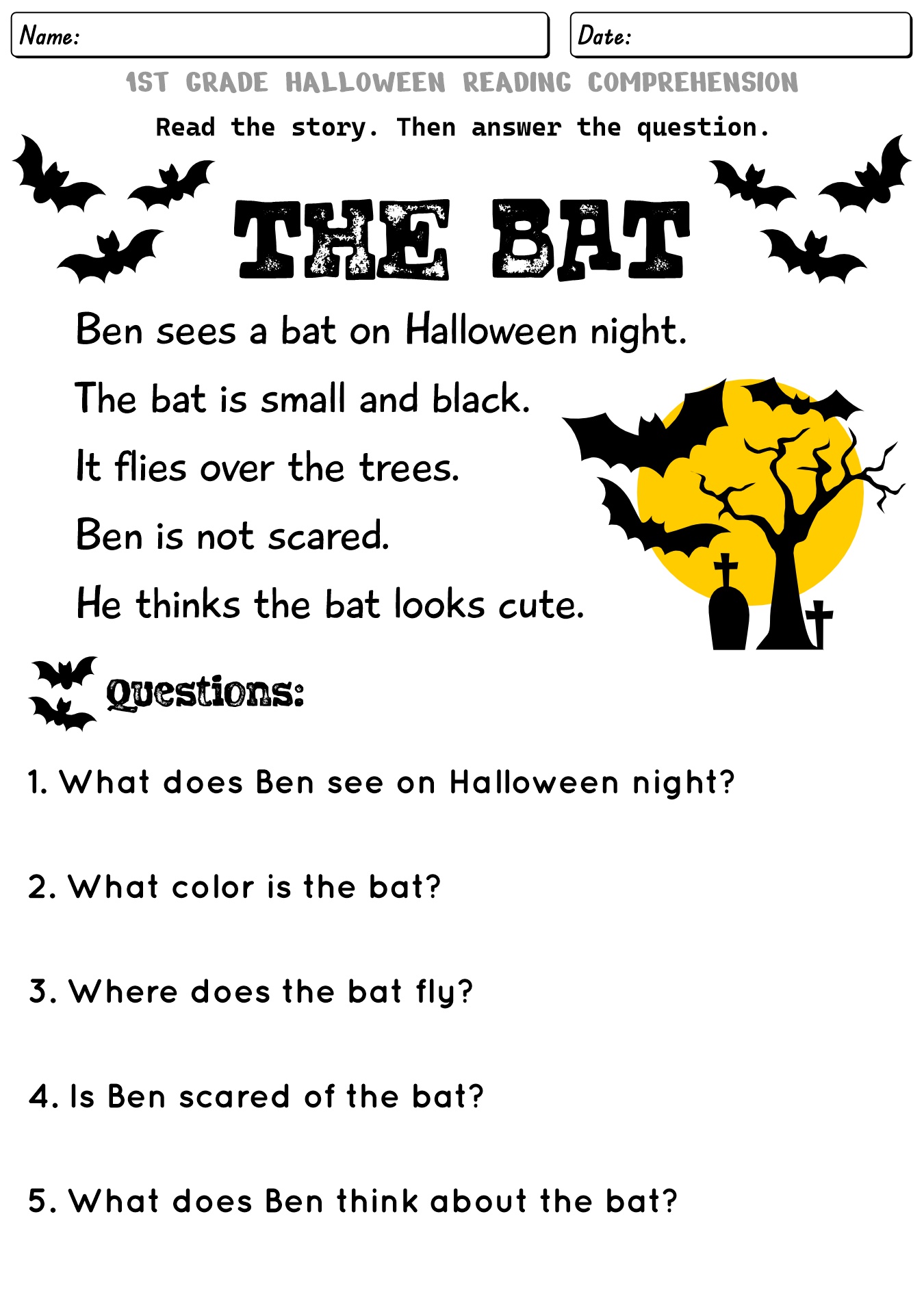 1st Grade Halloween Reading Comprehension Worksheet