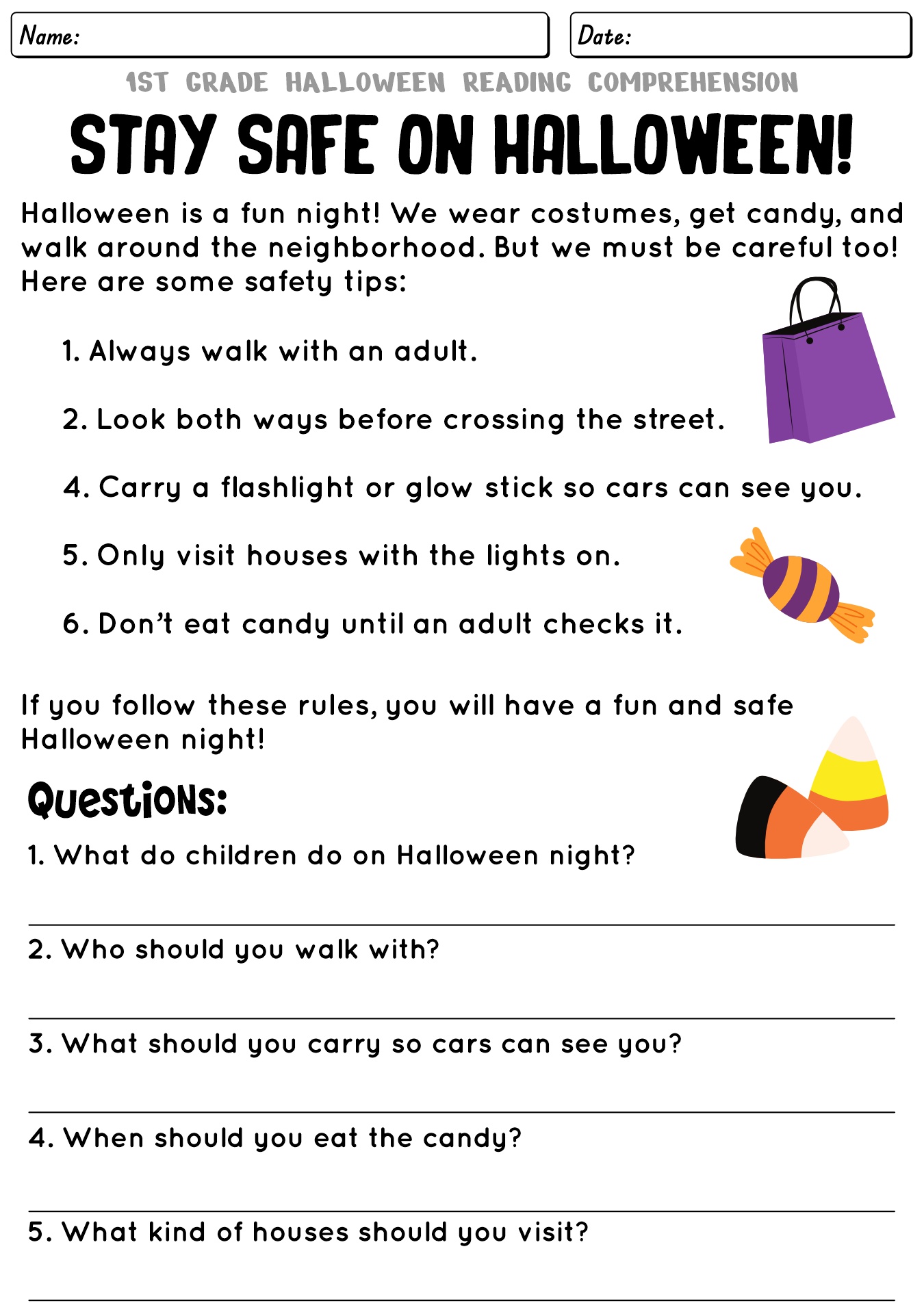 1st Grade Halloween Safety Tips Reading Worksheet