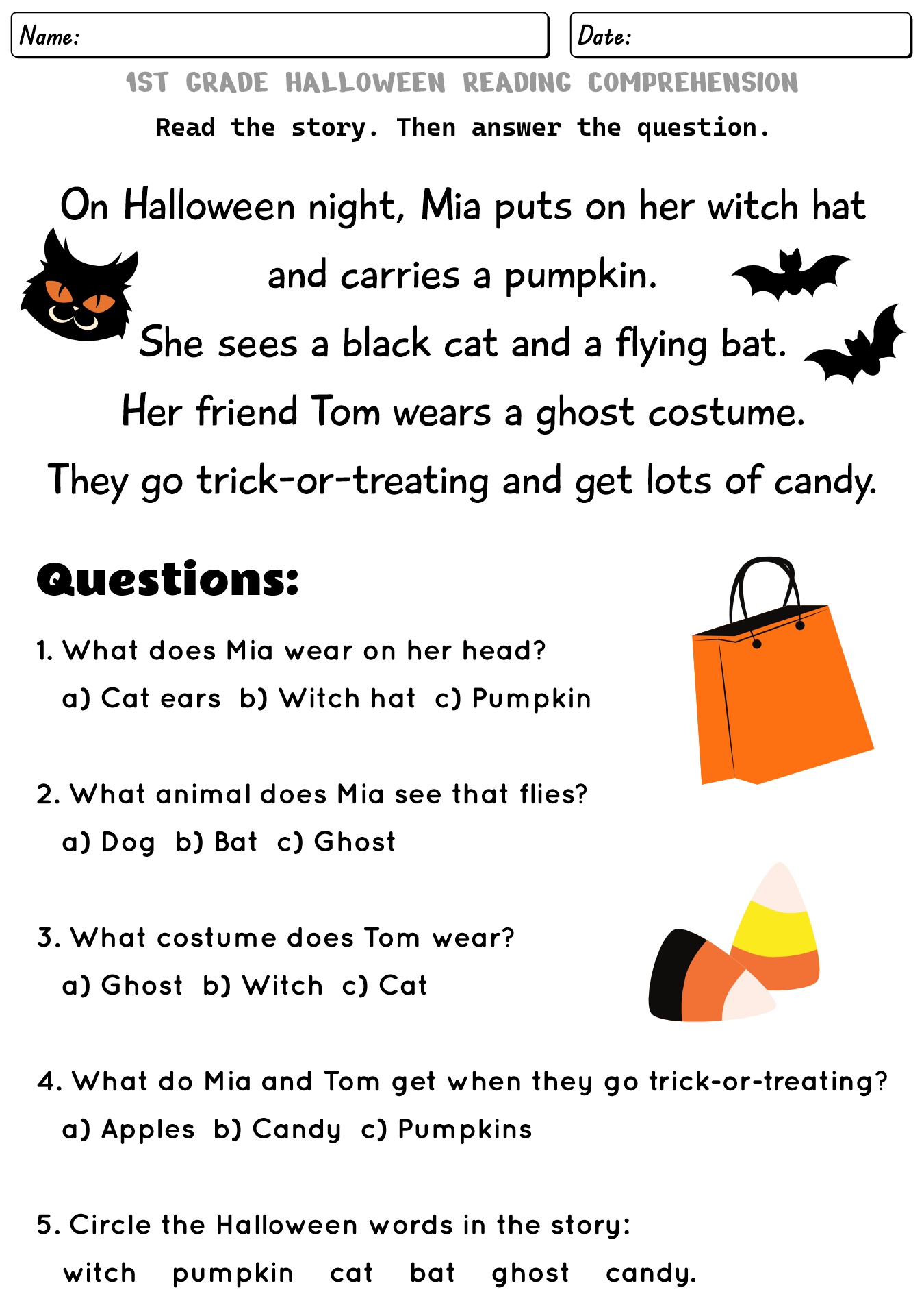 1st Grade Halloween Vocabulary Reading Worksheet