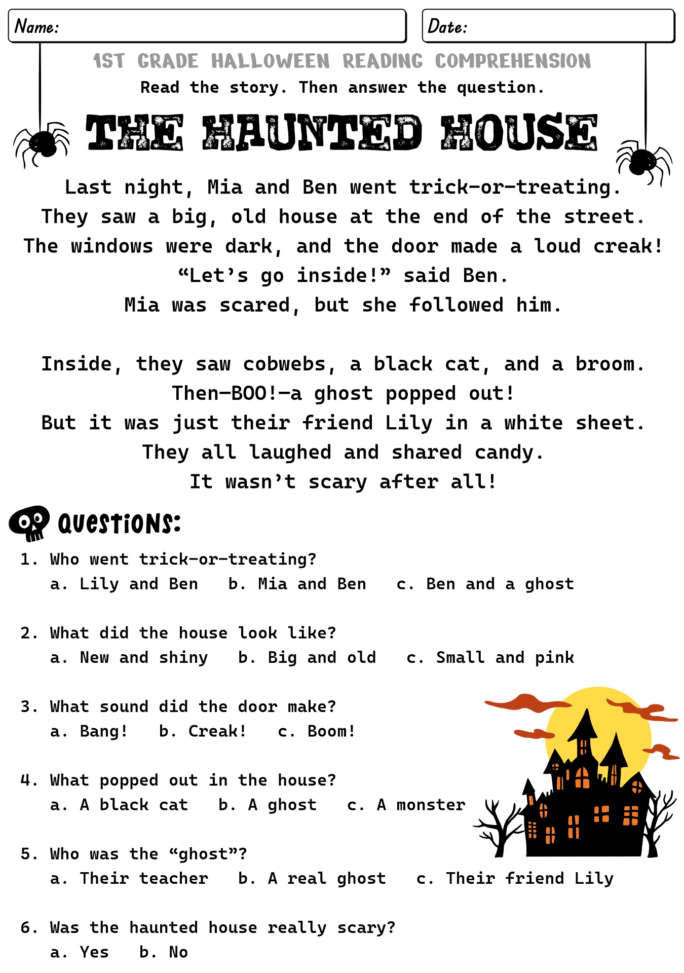 1st Grade Haunted House Reading Worksheet