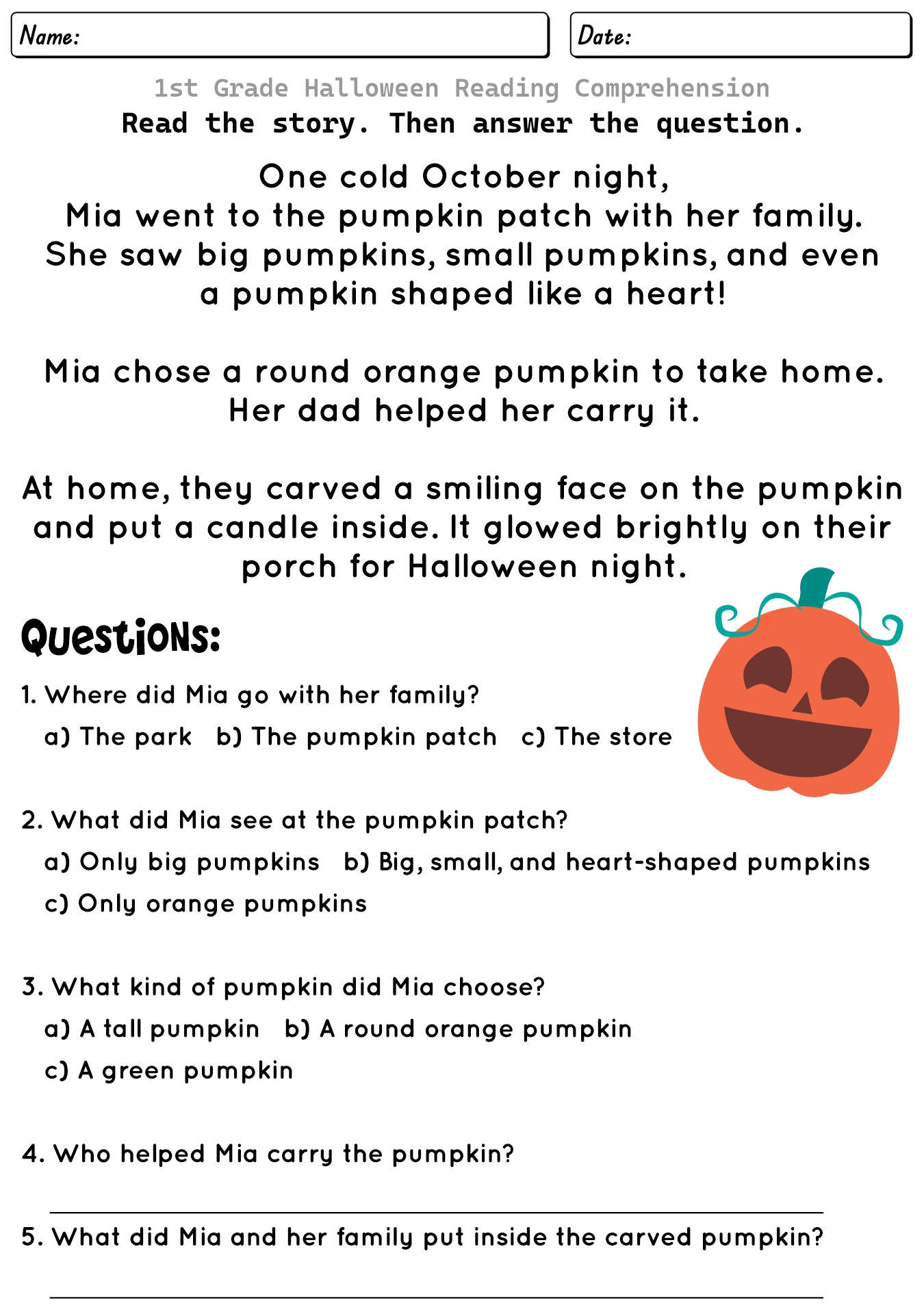 1st Grade Pumpkin-Themed Reading Worksheet