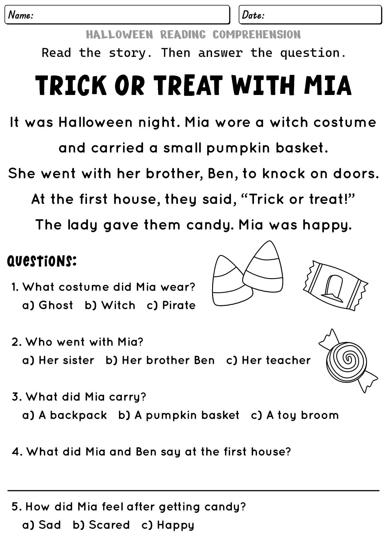 1st Grade Trick-or-Treat Reading Worksheet